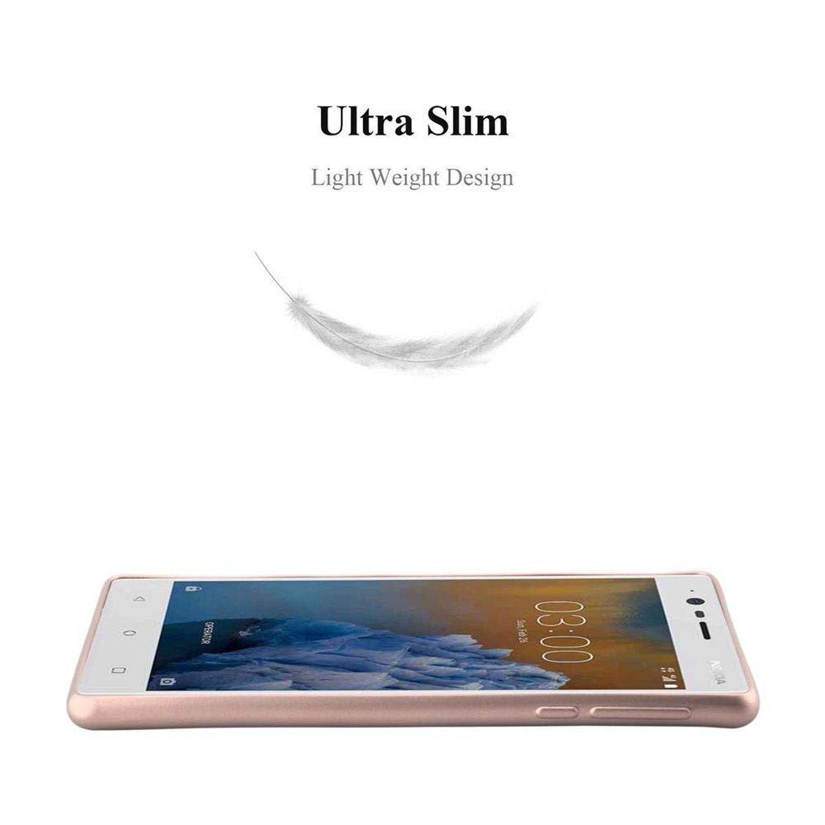 Un telefono Nokia color oro rosa con una piuma che fluttua su sfondo bianco.