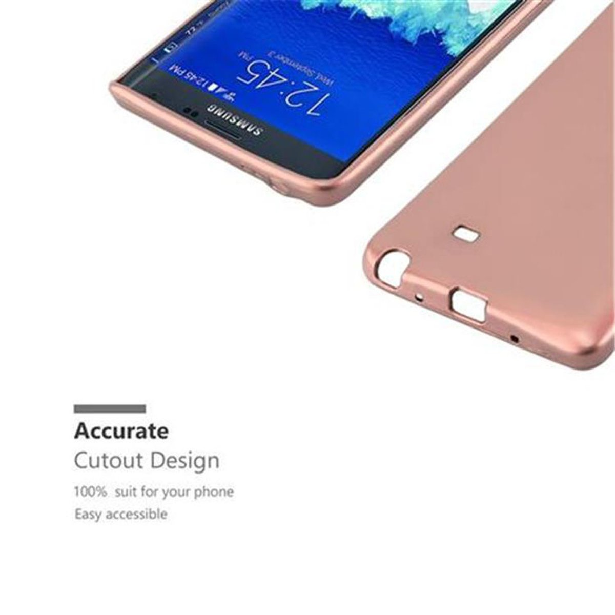 Custodia per telefono oro rosa con telefono all'interno. Il design ritagliato è mostrato.