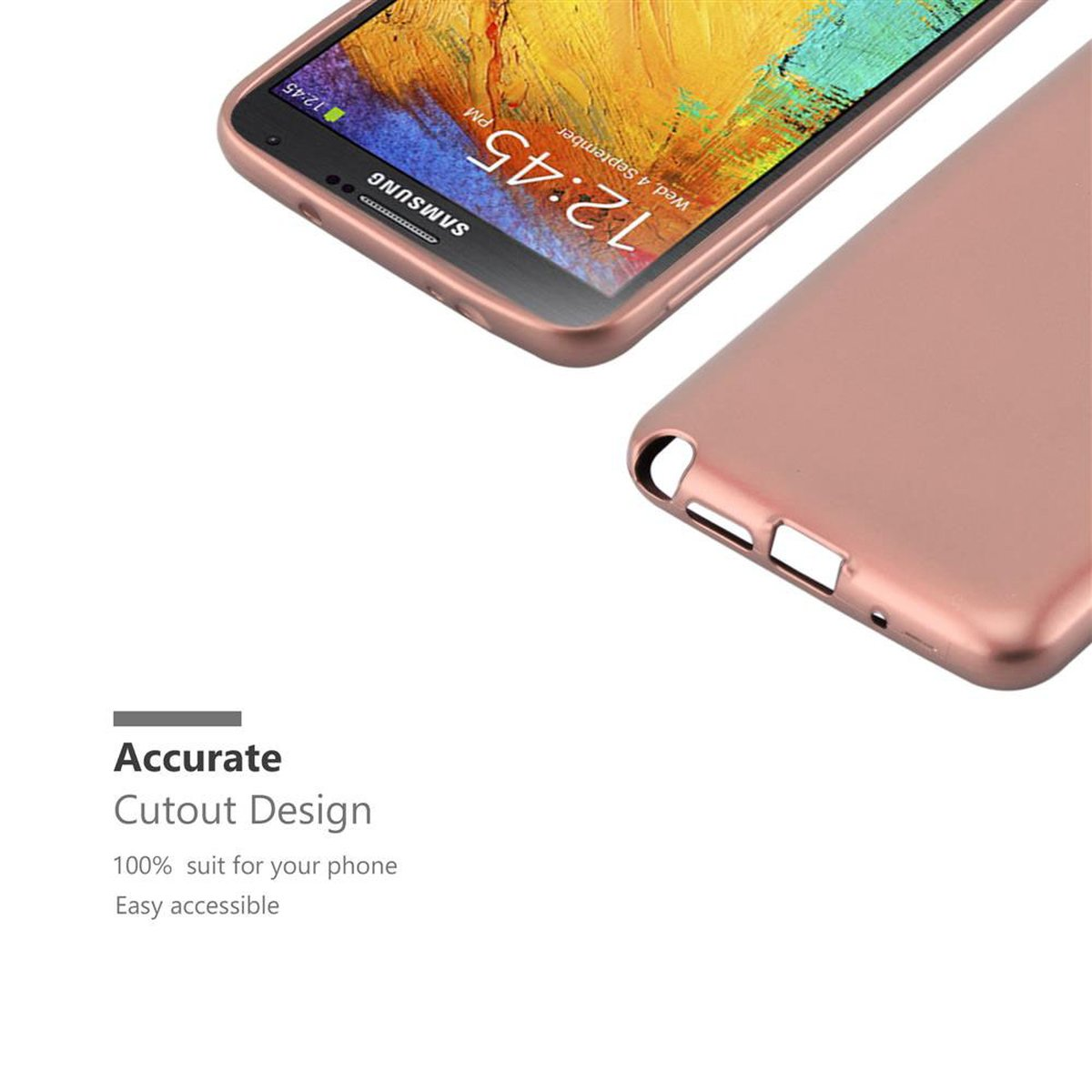 Roségoldene Handyhülle auf einem Telefon. Text sagt: Genaues Ausschnittdesign. Einfach zugänglich.