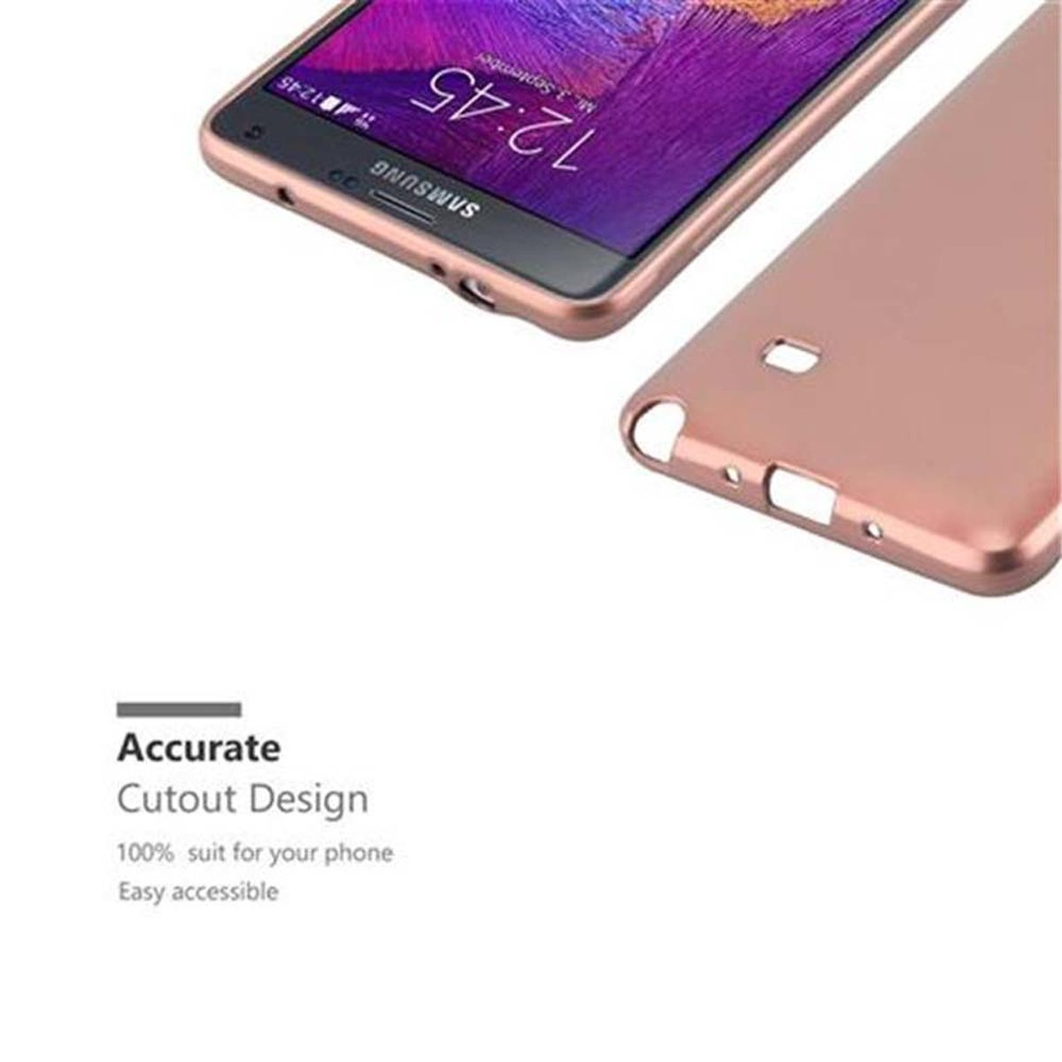 Ein Telefon und eine Hülle. Die Hülle ist roségoldfarben und hat Aussparungen.