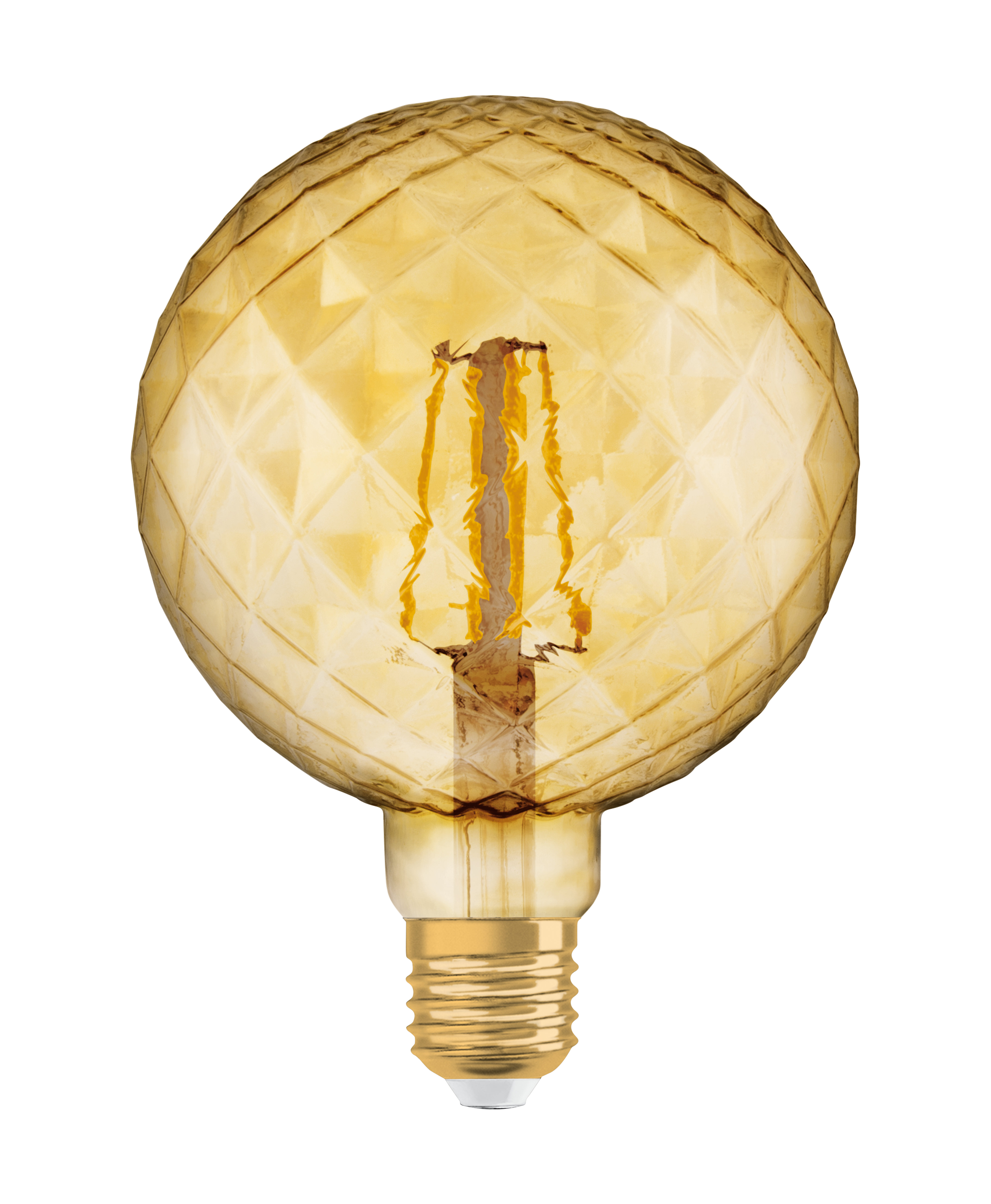Gelbe, rautenförmige Glühbirne. Sie hat einen goldenen Sockel und einen Glühfaden im Inneren.