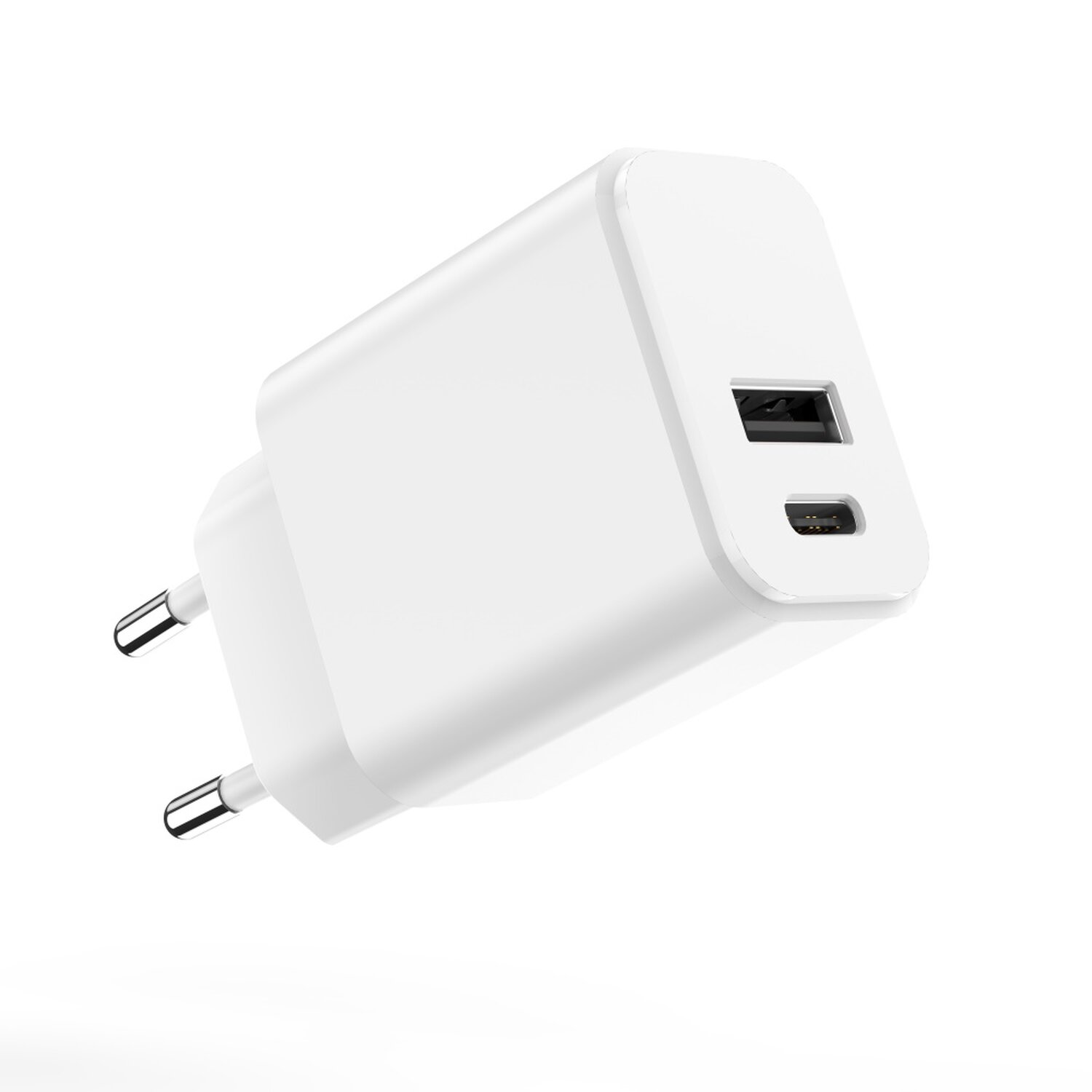 Weißes Ladegerät mit USB-Anschluss und USB-C-Anschluss. Weißer Hintergrund.