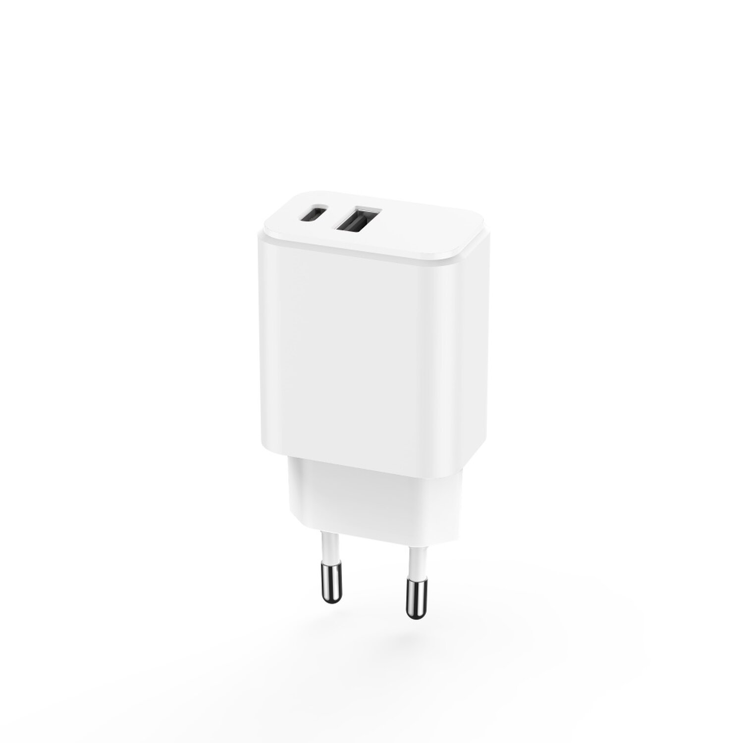 Weißes Ladegerät mit zwei USB-Anschlüssen. Zwei Stifte für den Stecker.