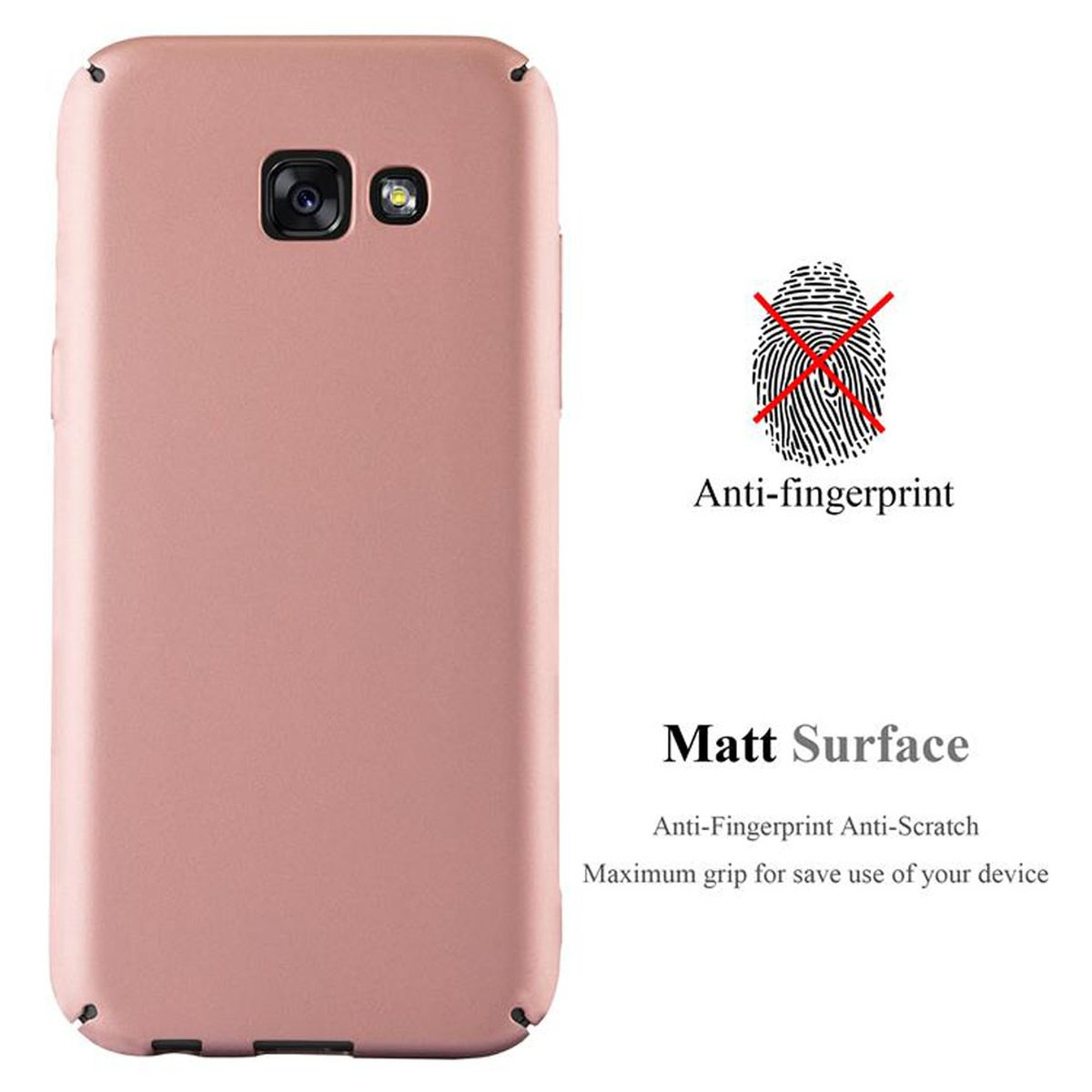 Custodia per telefono rosa con testo e simbolo anti-impronta. Testo: Superficie opaca. Antigraffio e massima presa per il dispositivo.