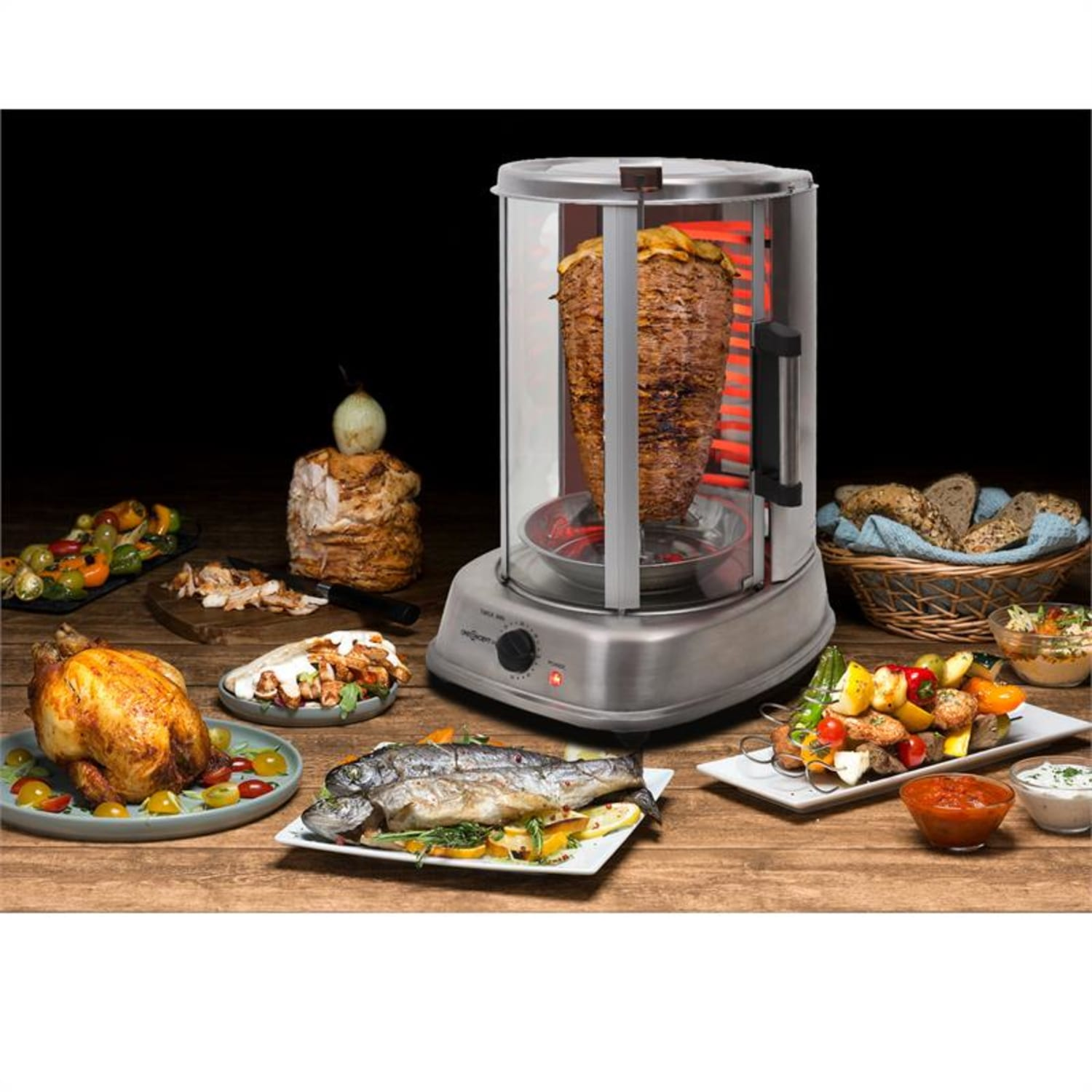 Eine Shawarma-Maschine mit gekochtem Essen und angerichteten Beilagen.