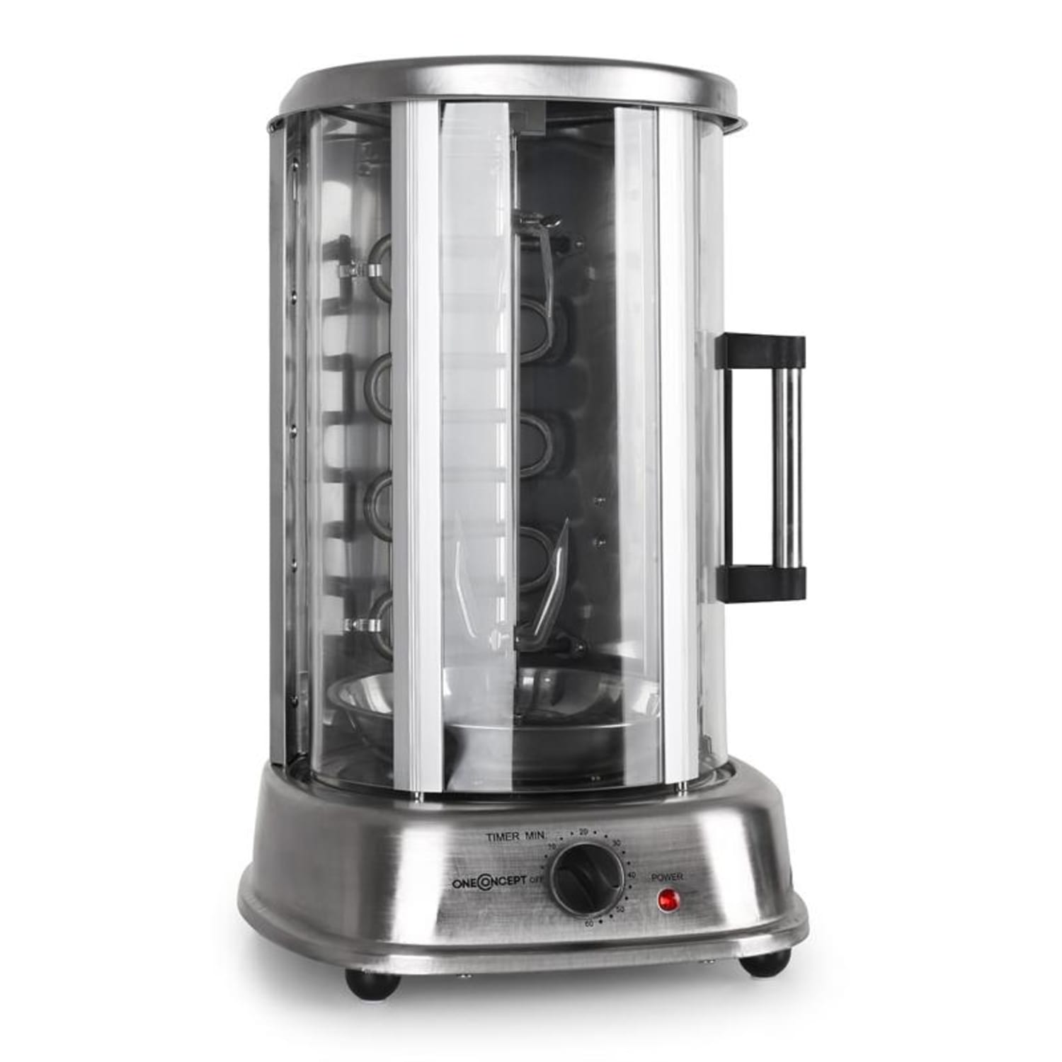Edelstahl-Rotisserie-Ofen mit Glastür, Griff, Timer und Betriebsanzeige am Sockel.