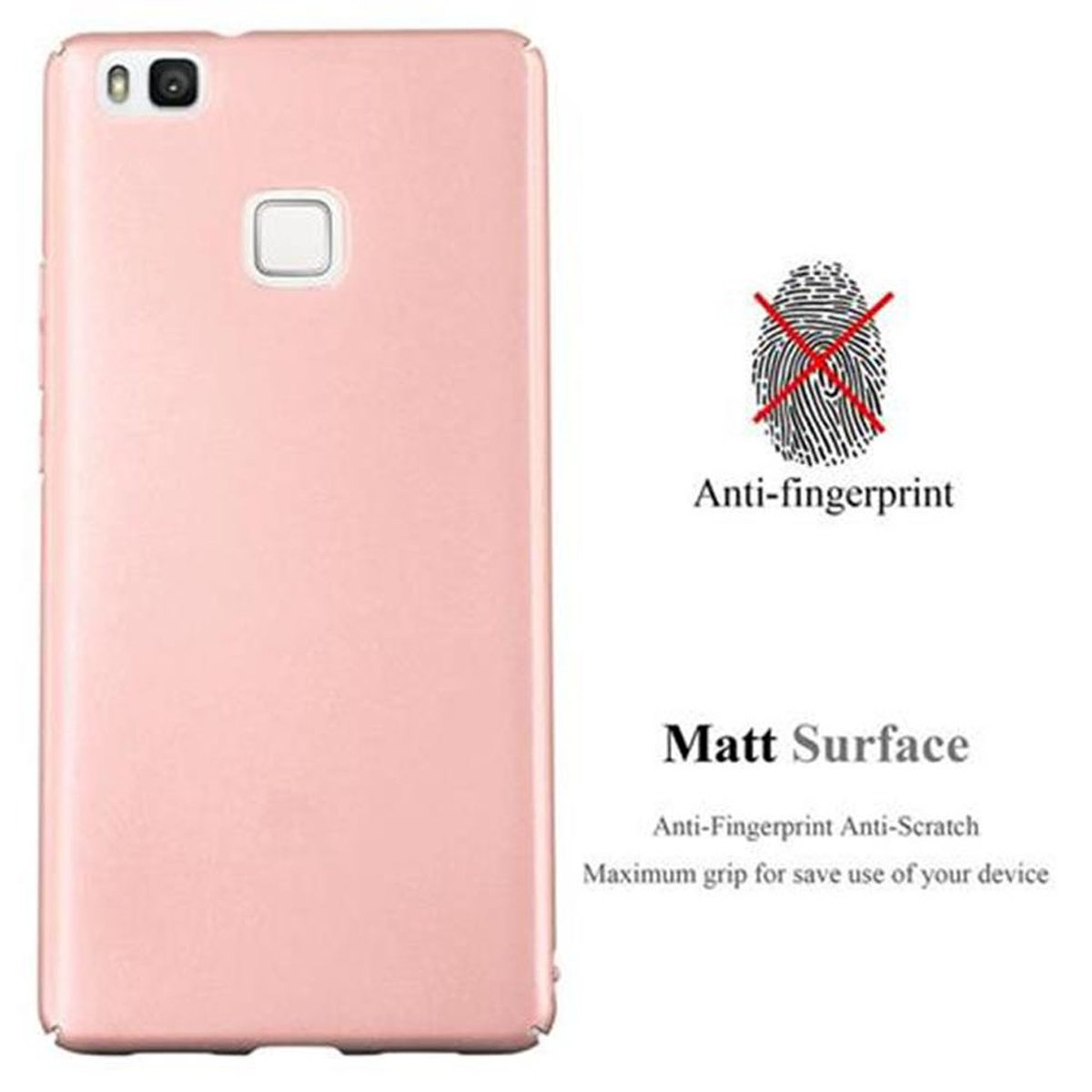Custodia per telefono rosa con superficie opaca. Il testo dice Anti-impronte. La custodia è per la protezione.