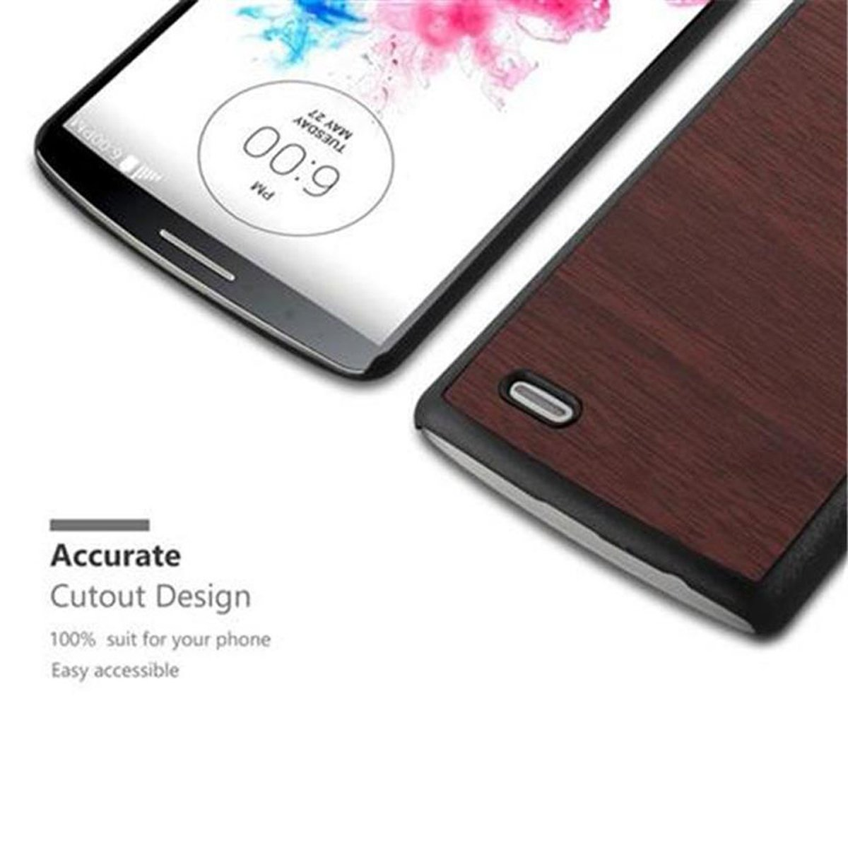 Teléfono con funda de imitación madera. La pantalla del teléfono muestra la hora. Texto: Diseño de recorte preciso. Marco negro.