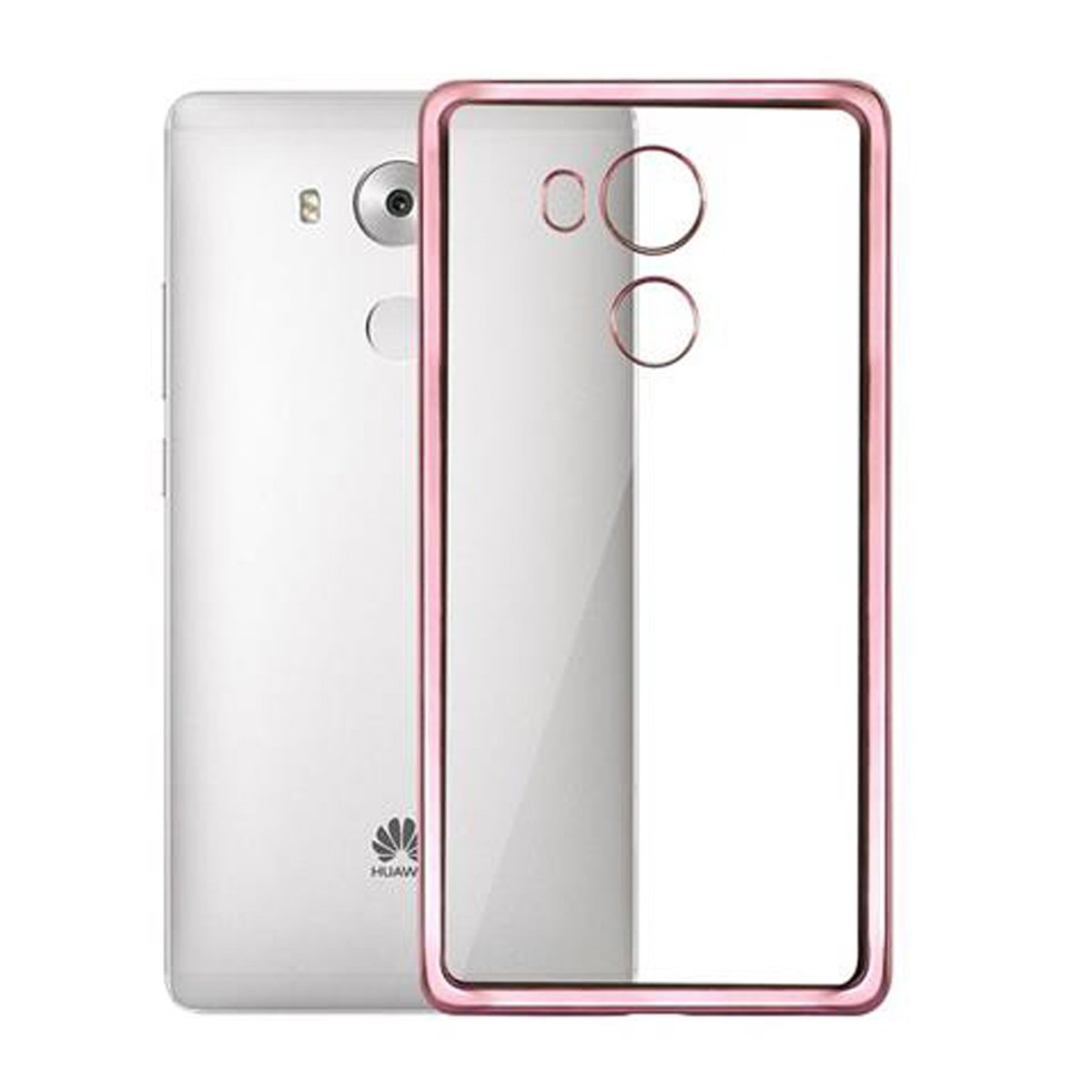 Telefono e custodia trasparente con bordi rosa, fotocamera e pulsanti posteriori visibili.