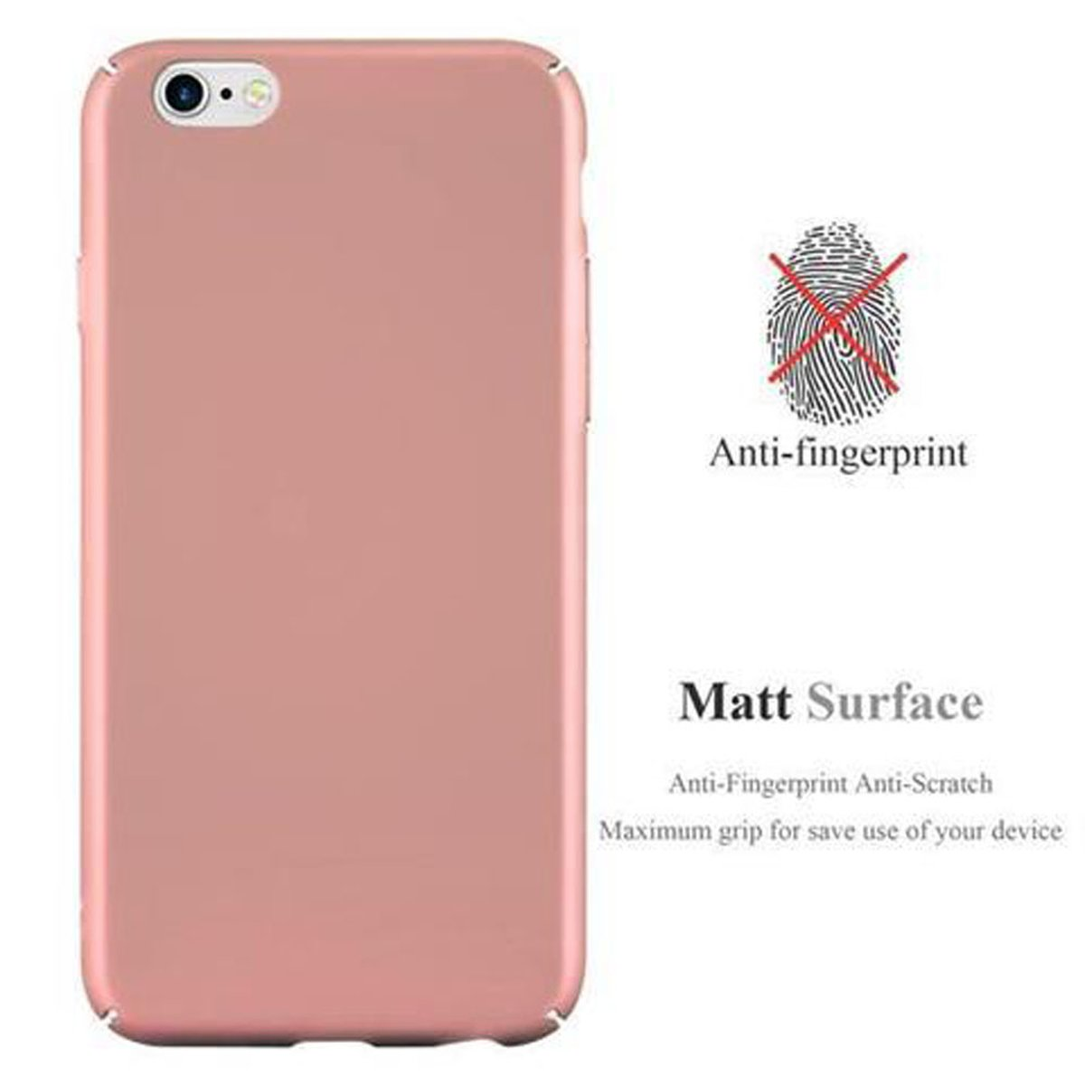 Una custodia per telefono rosa accanto a un testo. Il testo dice anti-impronta e superficie opaca.