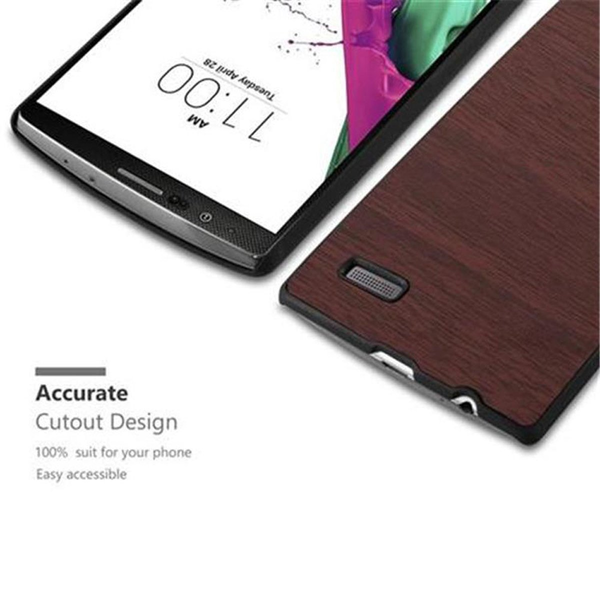 Telefono con custodia in legno. Il telefono mostra l'ora. Il testo descrive il design del telefono.