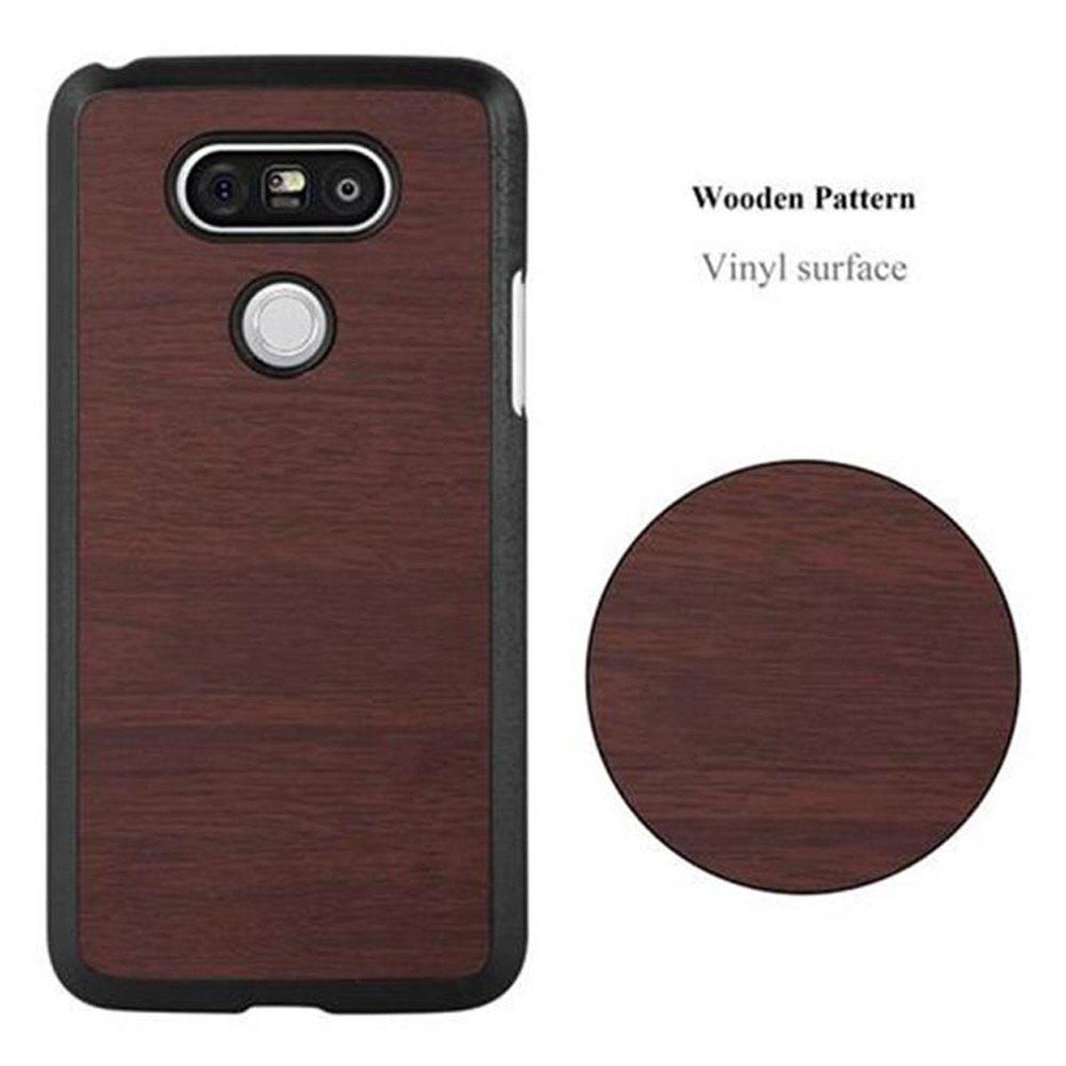 Custodia per telefono con motivo legno, campione e le parole 'Superficie vinilica'.