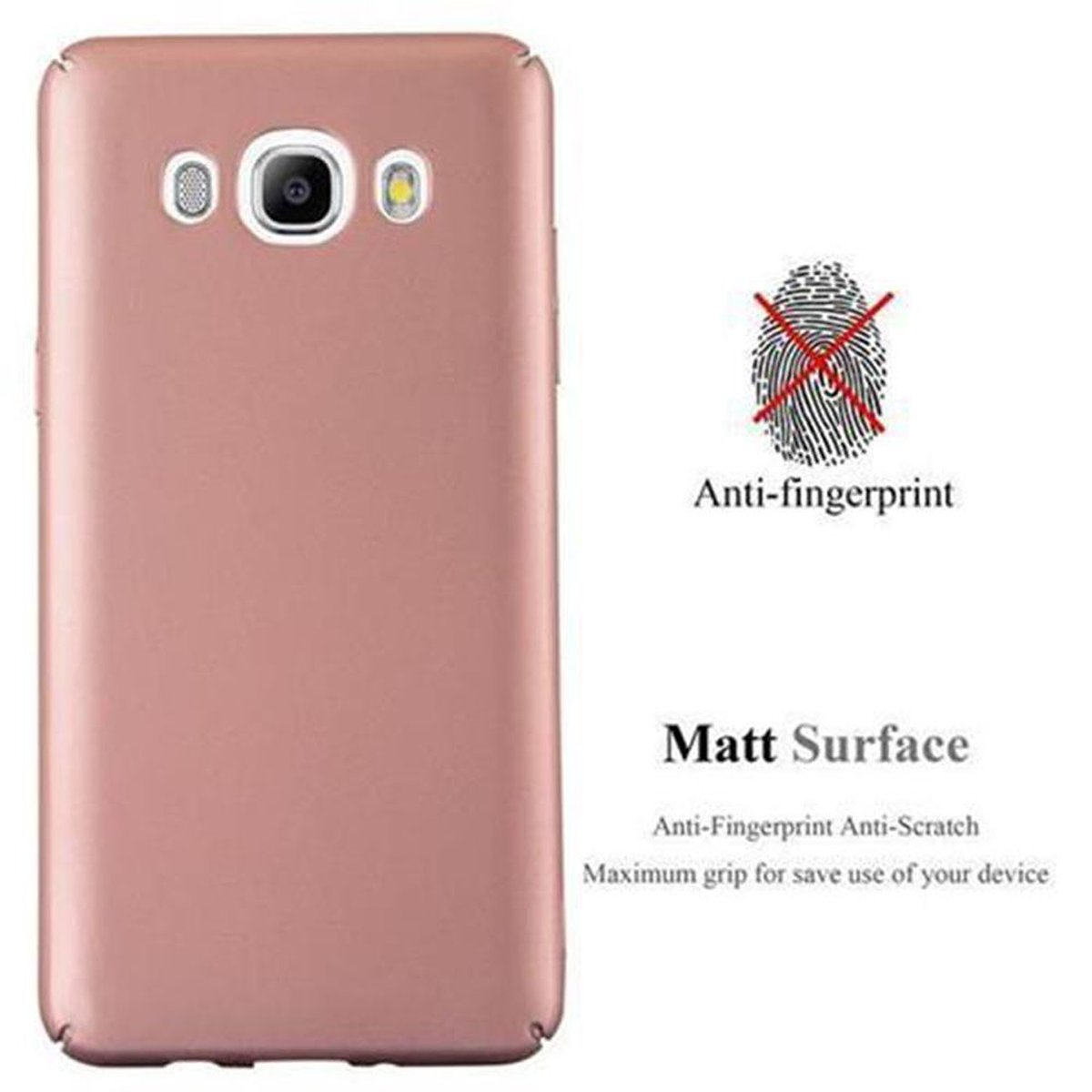 Custodia per telefono rosa con superficie opaca. Un simbolo di impronta digitale è barrato.