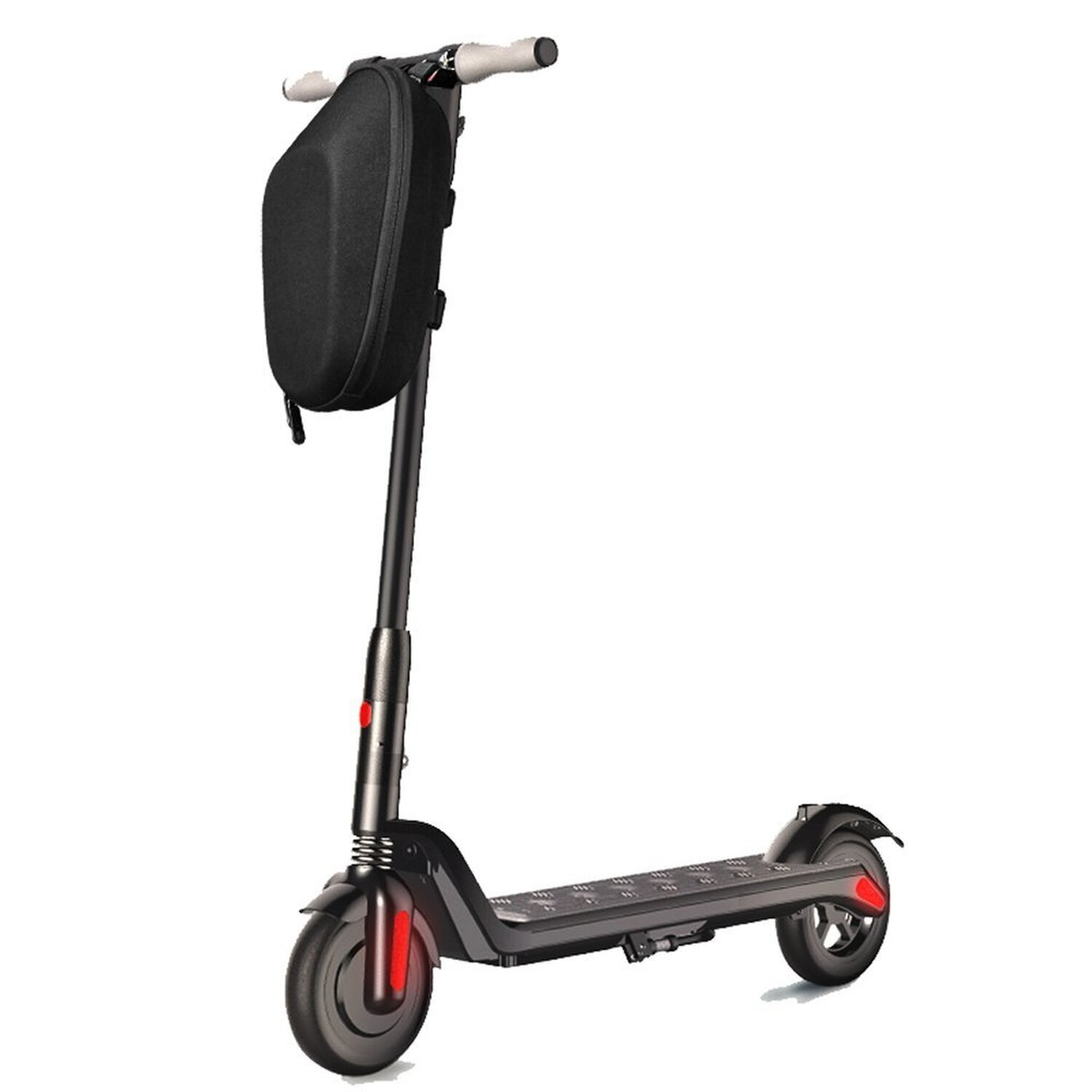 Elektroroller in Schwarz und Rot. Eine schwarze Tasche ist am Lenker befestigt.