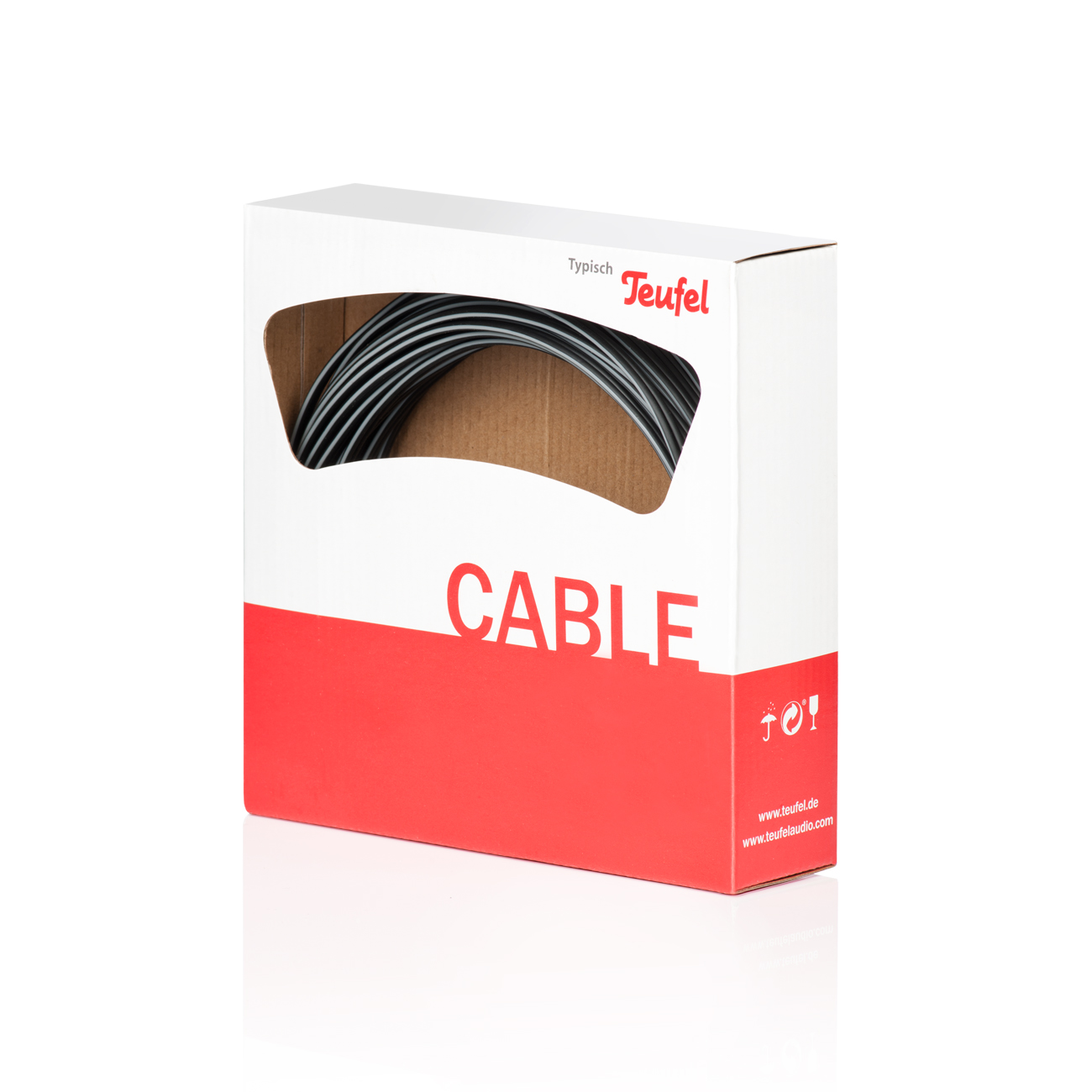 Weiße Box mit rotem Streifen und dem Wort 'CABLE'. In der Box befindet sich eine graue Kabelrolle.