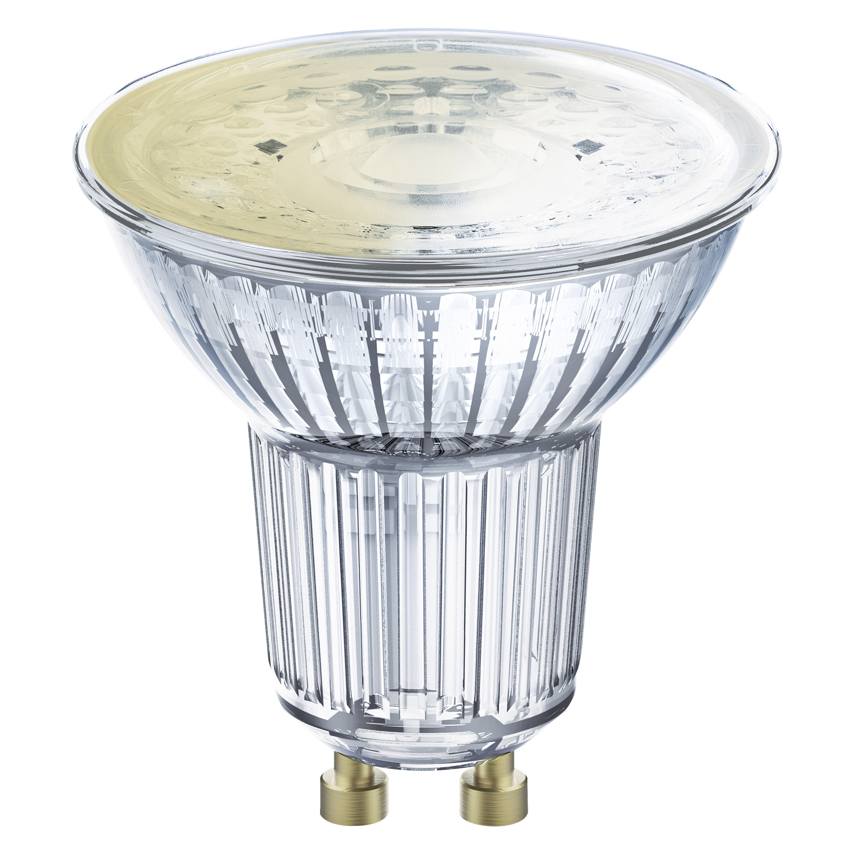 Una lampadina di vetro trasparente con una base larga e una parte superiore più stretta. La base ha due pin dorati.