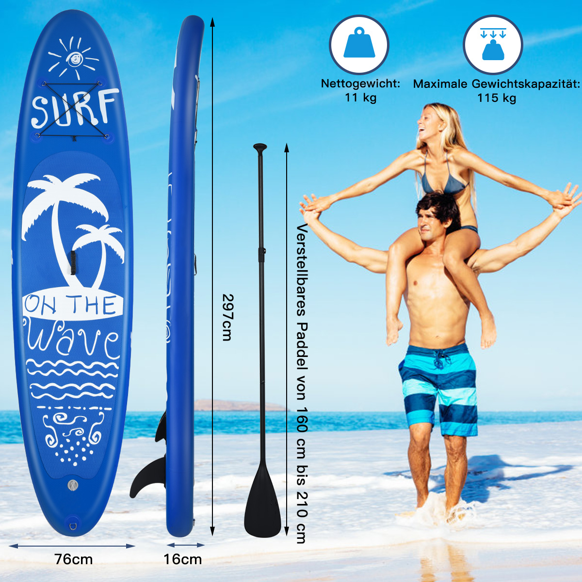 COSTWAY SUP Board Stand Up Blau Paddle