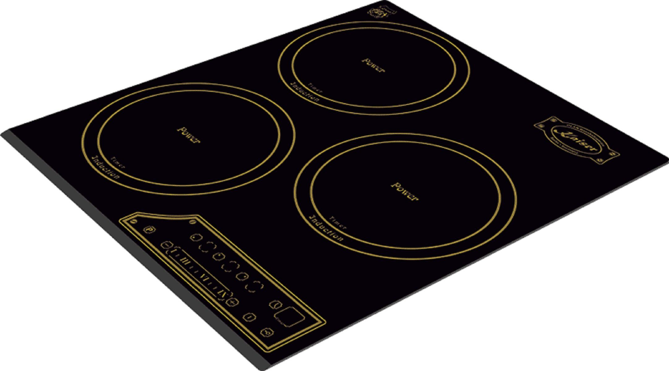Placa de inducción con cuatro fuegos circulares y panel de control.