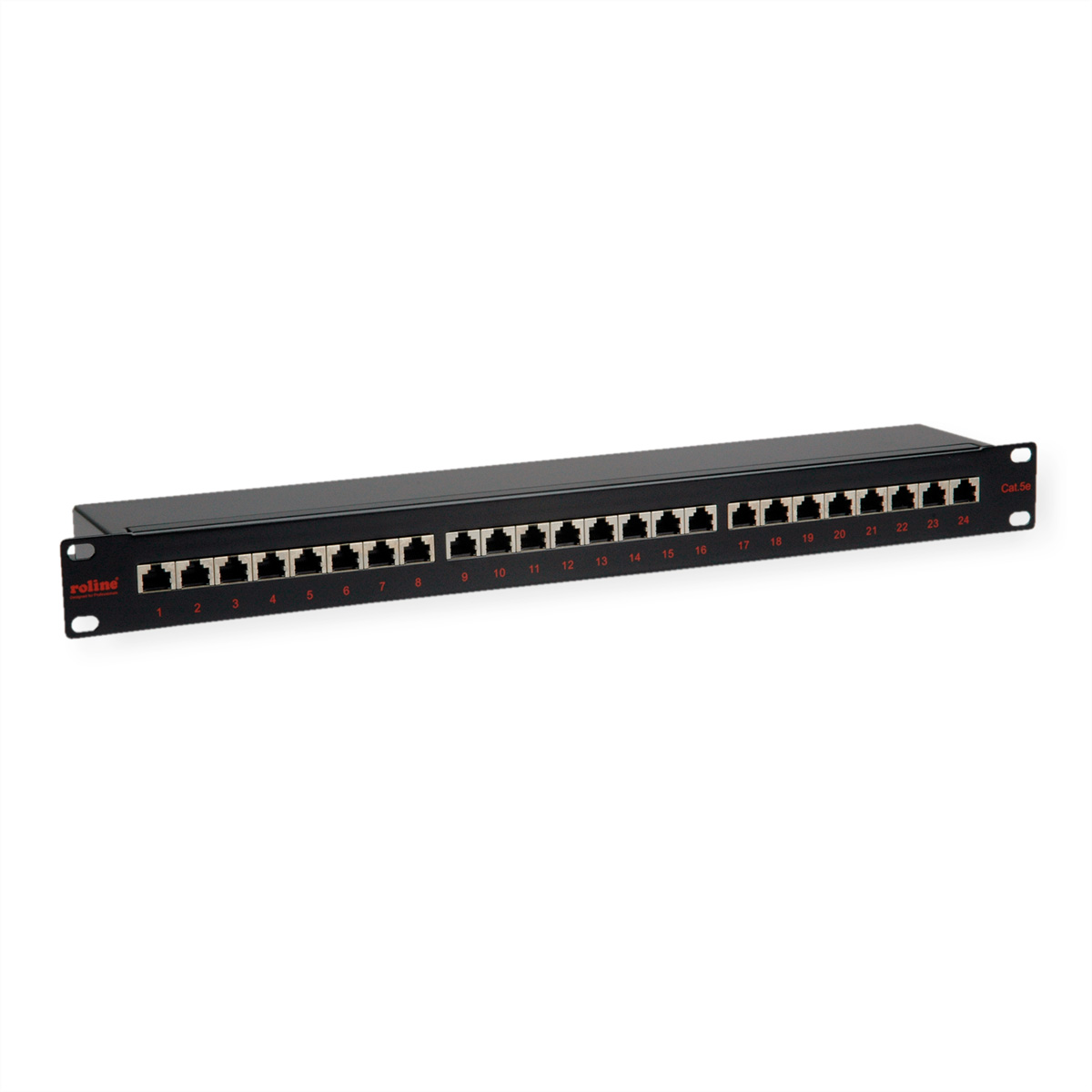 Panneau réseau noir avec 24 ports numérotés sur fond blanc. Logo 'roline'.