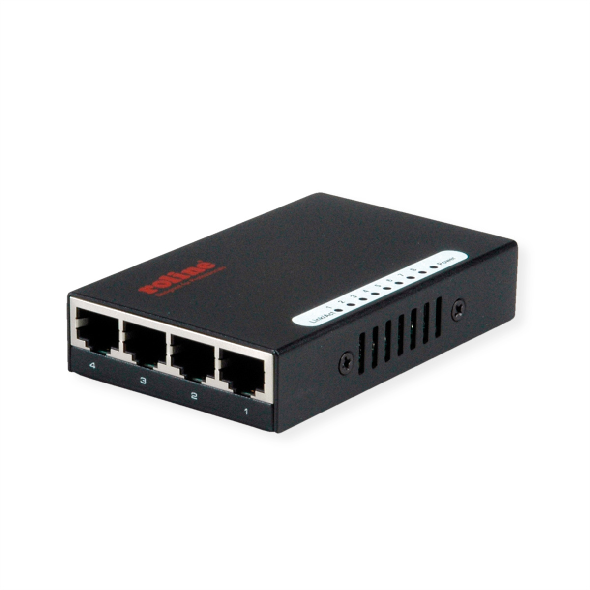 Schwarzer Netzwerk-Switch mit fünf Anschlüssen und rotem "Roline"-Text. Ein weißer Hintergrund.