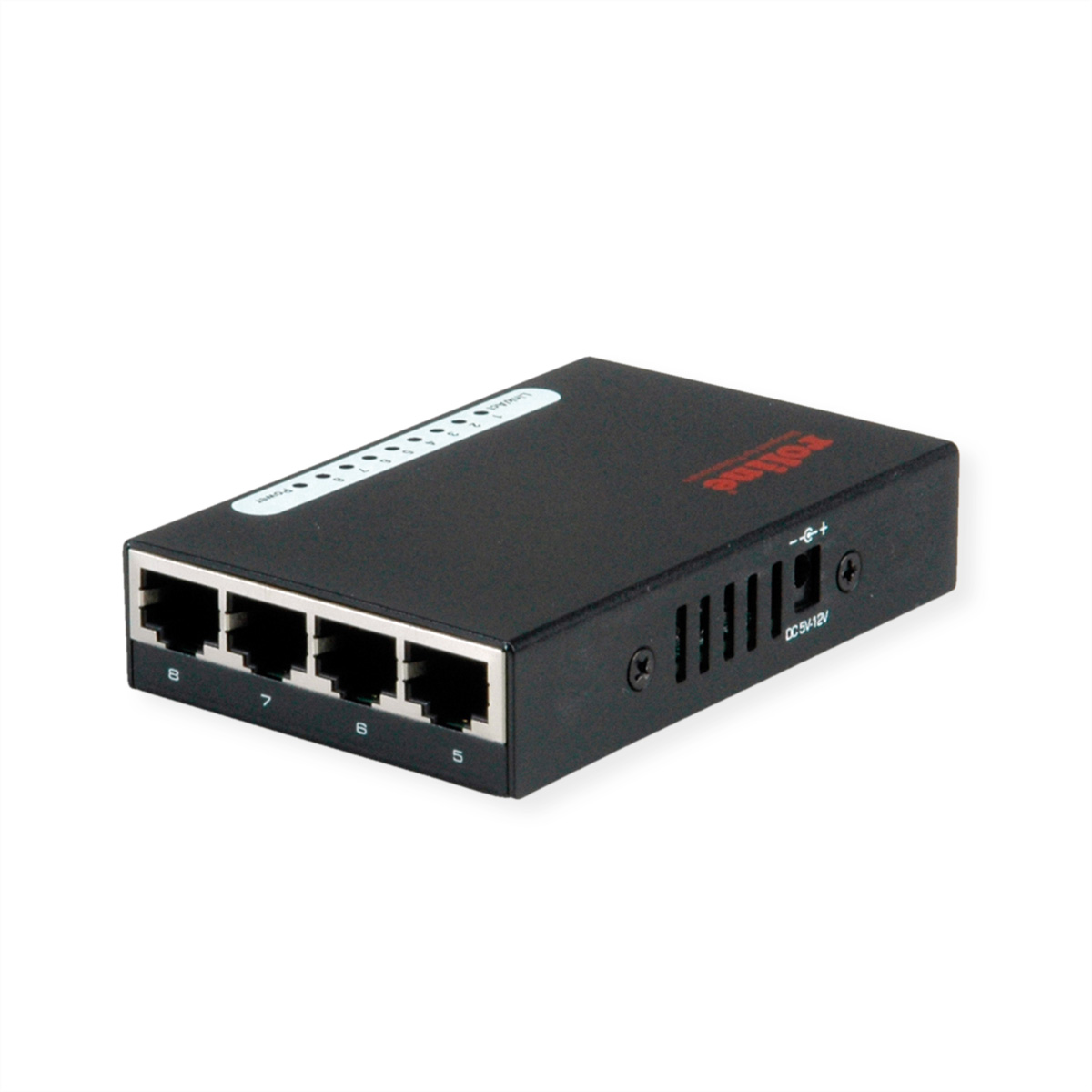 Schwarzer Netzwerk-Switch mit Anschlüssen. Beschriftung: Ports und Strom.
