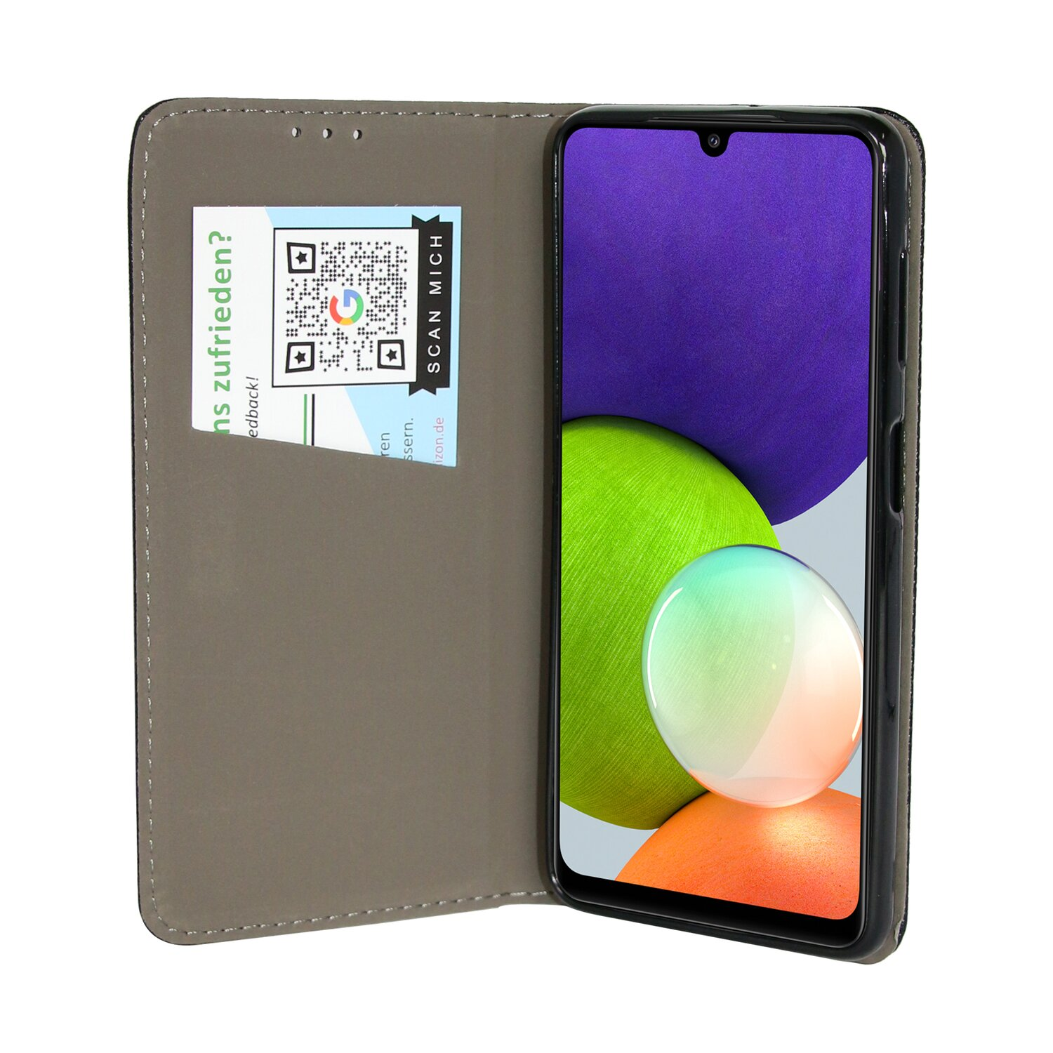 Eine graue Handyhülle ist geöffnet, um das Telefon, einen QR-Code und eine Karte zu zeigen.