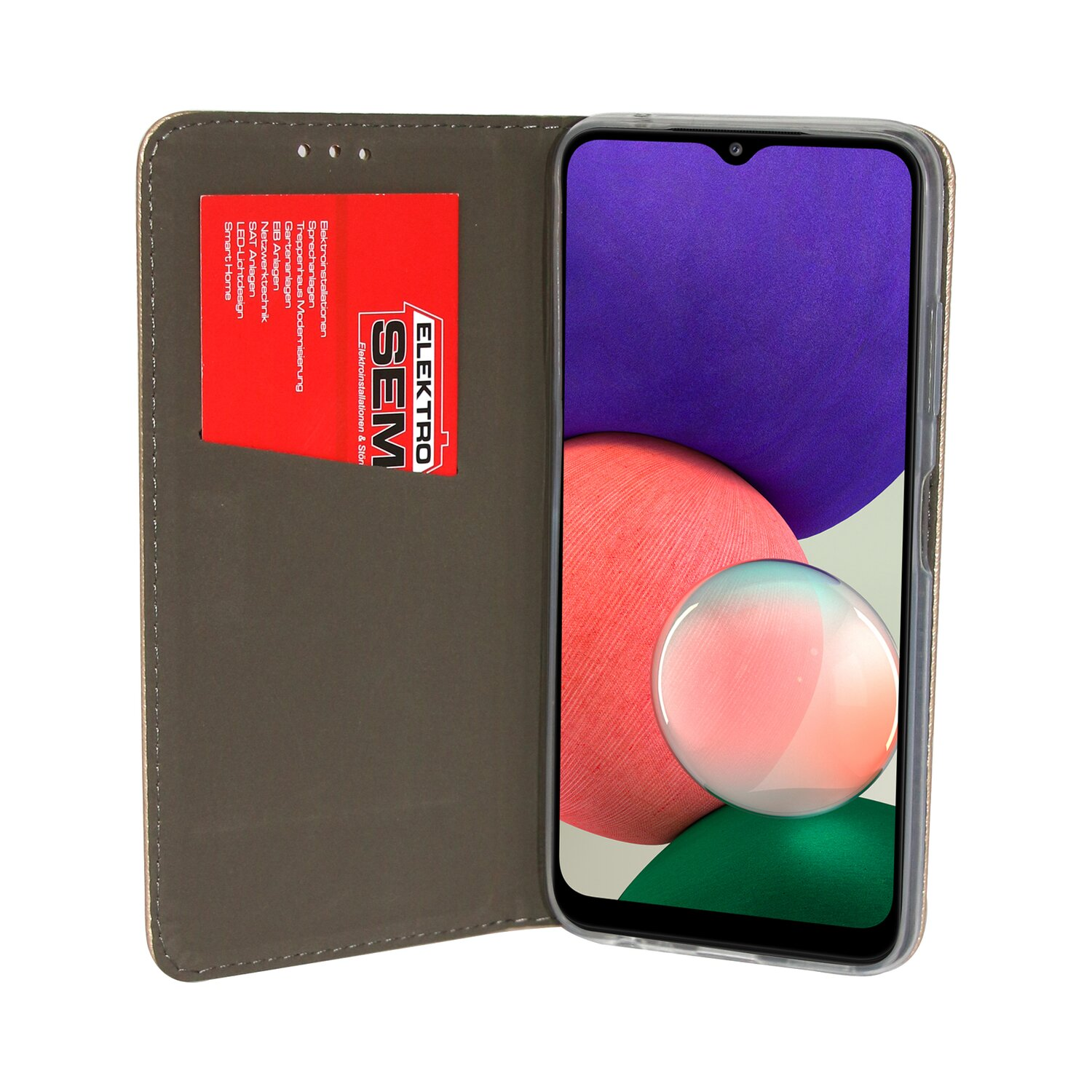 Geöffnete Handyhülle mit Telefon. Eine rote Visitenkarte in der Tasche. Weißer Hintergrund.