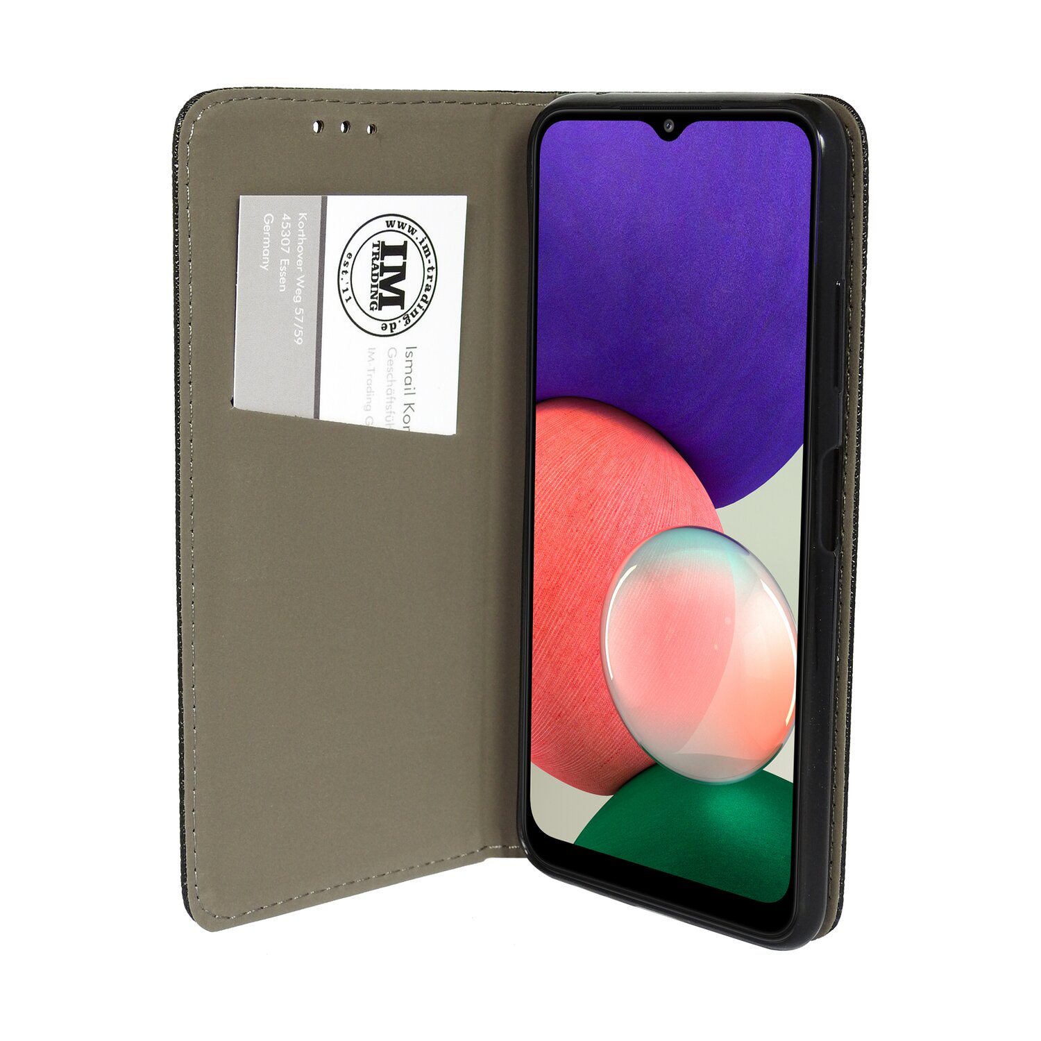 Geöffnete Handy-Brieftasche, zeigt ein Telefon mit lila und grünem Bildschirm, eine Karte und Informationen.