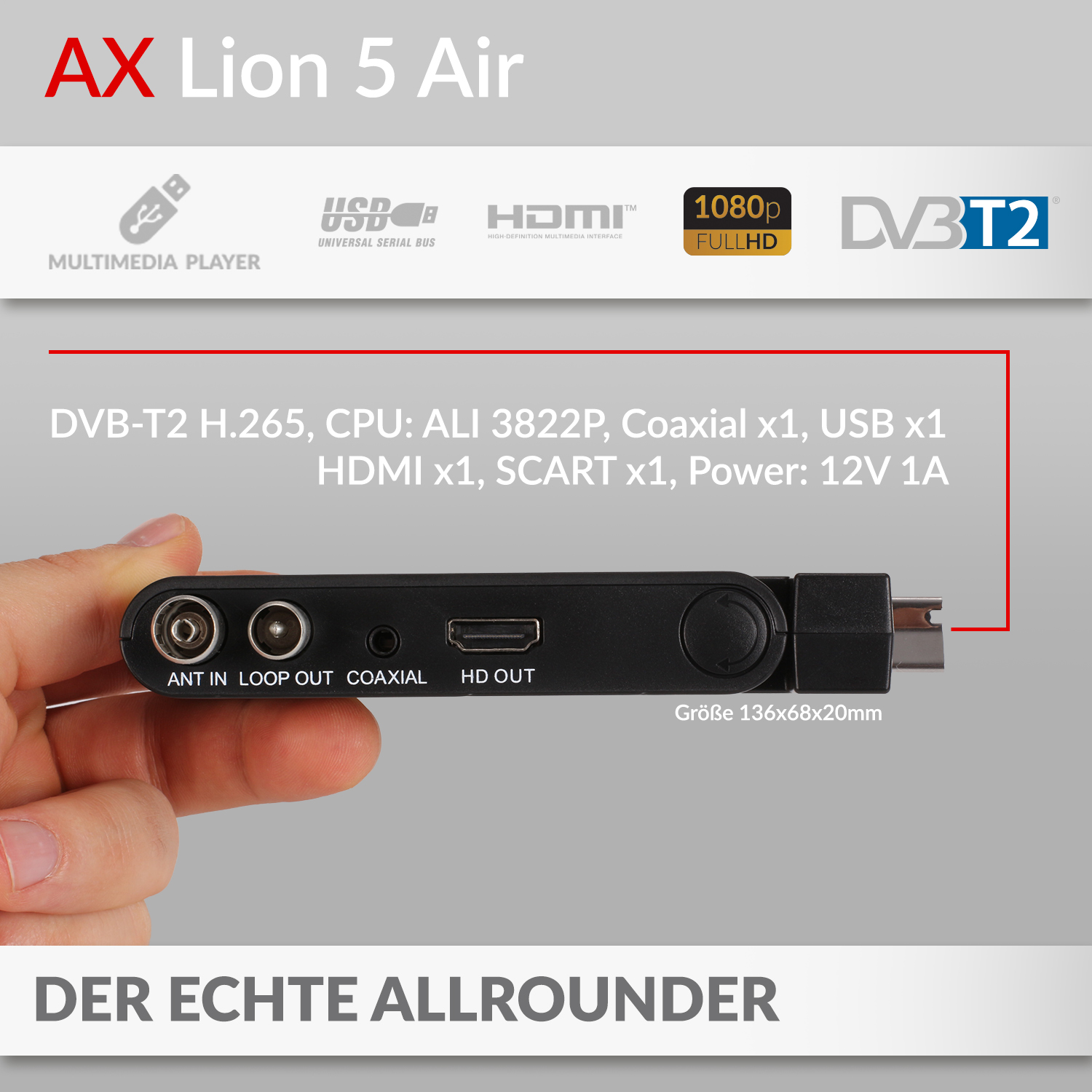 HDMI schwarz) PVR-Funktion, HD-Receiver DVB-T2 mit DVB-T2 AX Lion Aufnahmefunktion PVR OPTICUM DVB-T2 HD DVB-T2 (H.264), DVB-T2 AIR Receiver (HDTV, HD 5 Receiver I RED - SCART/ DVB-T, (H.265),