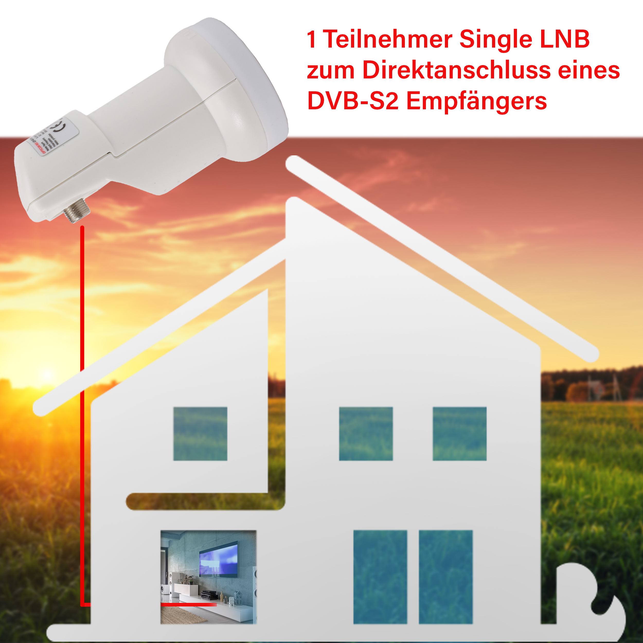 Satelliten-LNB und eine Hausgrafik, Sonnenuntergang im Hintergrund.