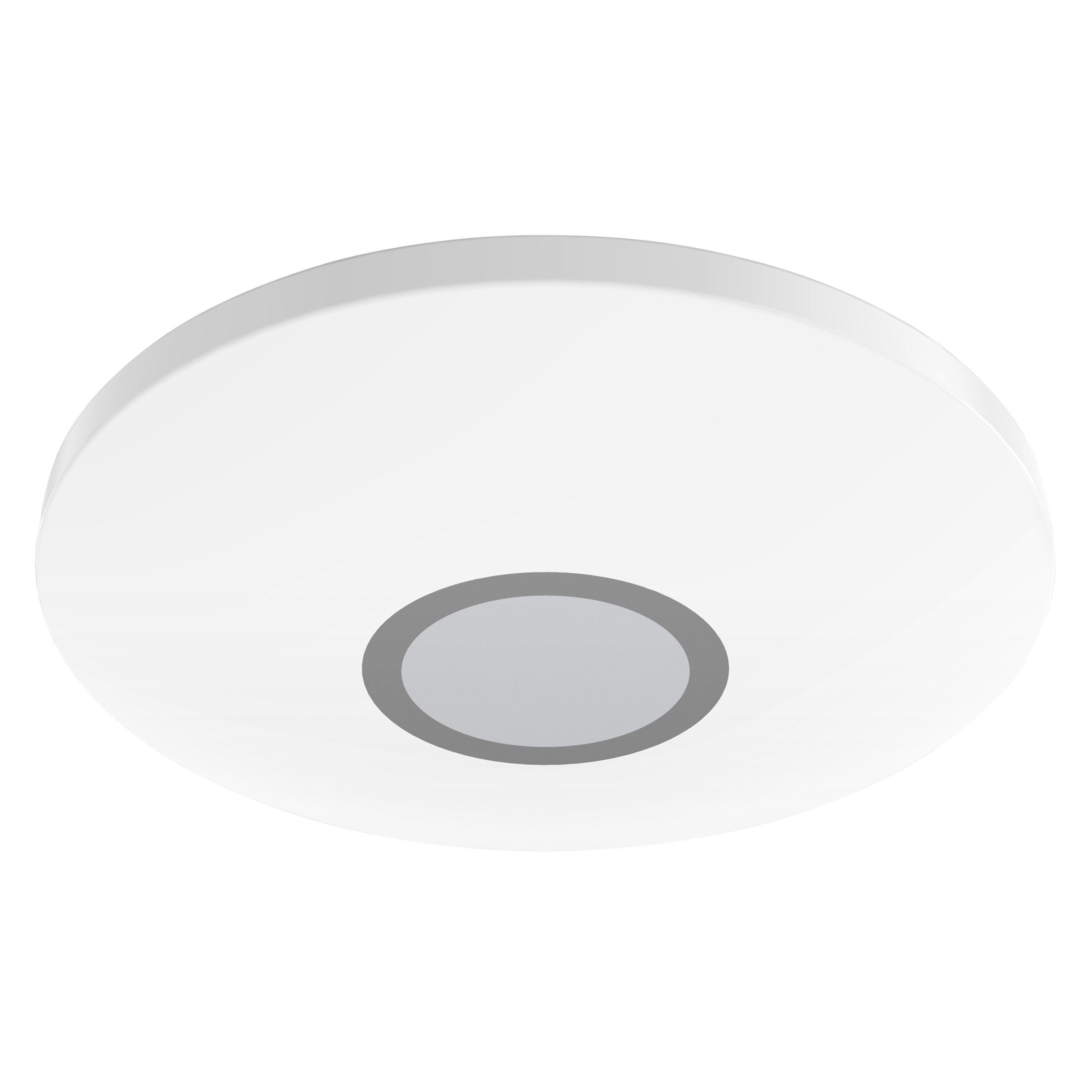 Lampada da soffitto rotonda bianca con un cerchio centrale grigio e un anello esterno bianco.