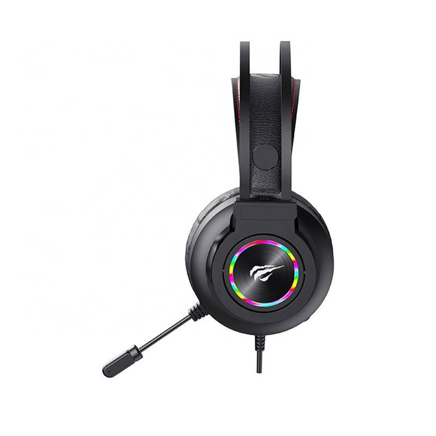 Schwarze Gaming-Kopfhörer mit Mikrofon und Regenbogenfarben.