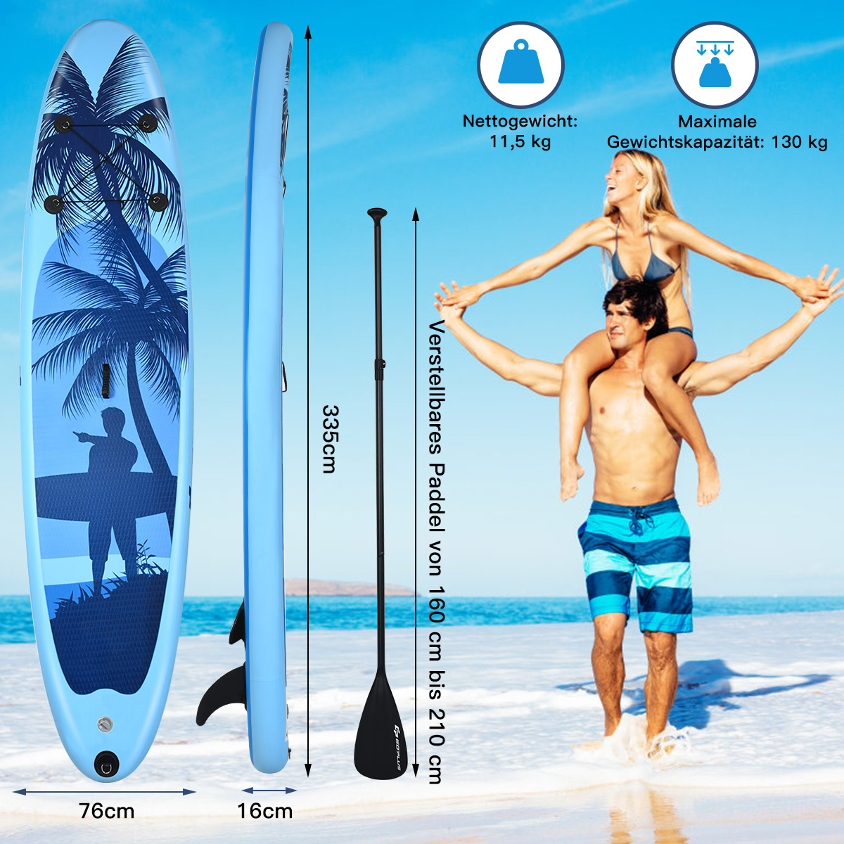 COSTWAY SUP Board Paddle, Blau Stand Up