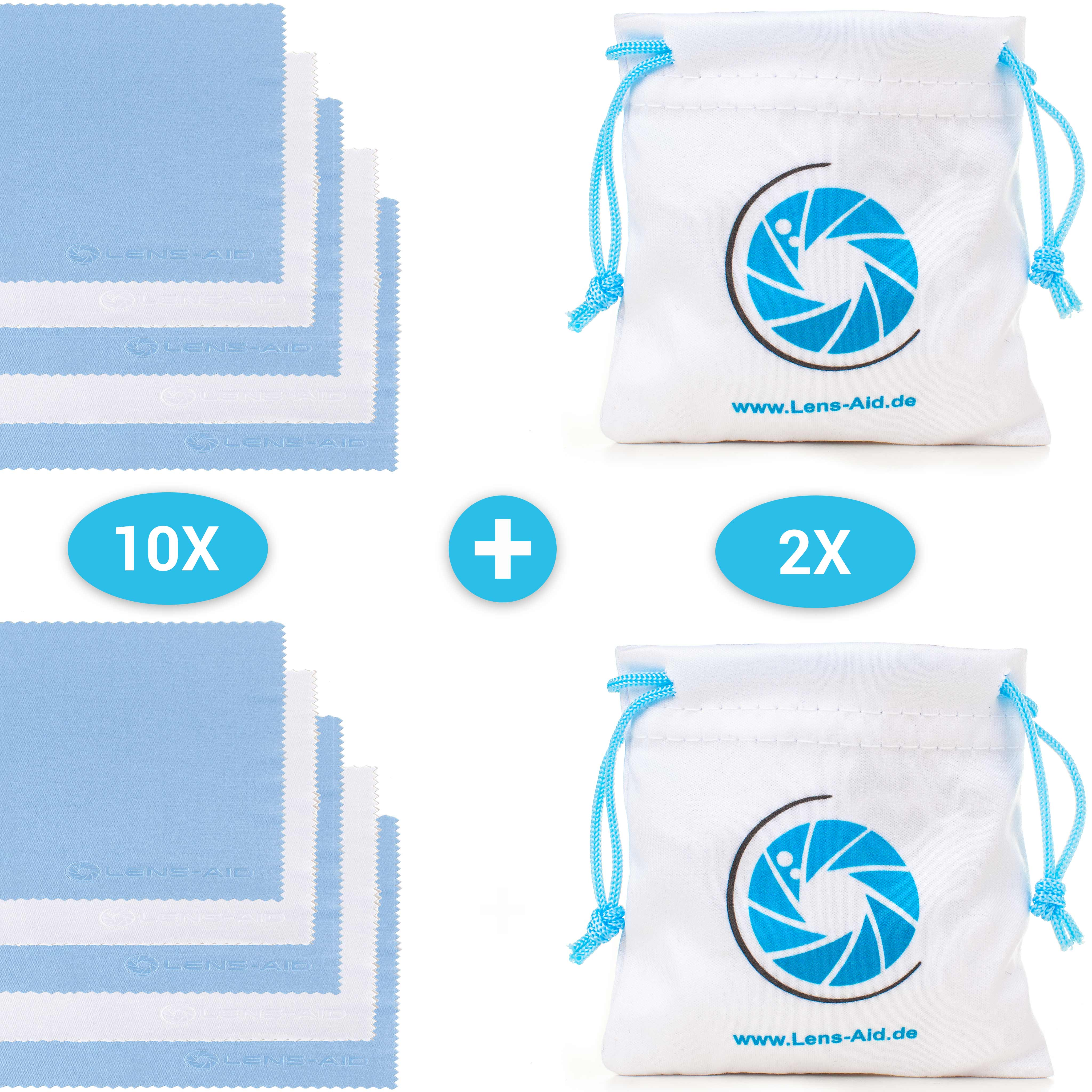 LENS-AID 10er Set Mikrofaser-Reinigungstücher, & passend Blau/Weiß, für Objektiv, Brille Smartphone Reinigungstuch