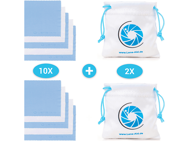LENS-AID 10er Set Mikrofaser-Reinigungstücher, Reinigungstuch, Blau/Weiß, passend für Objektiv, Smartphone & Brille
