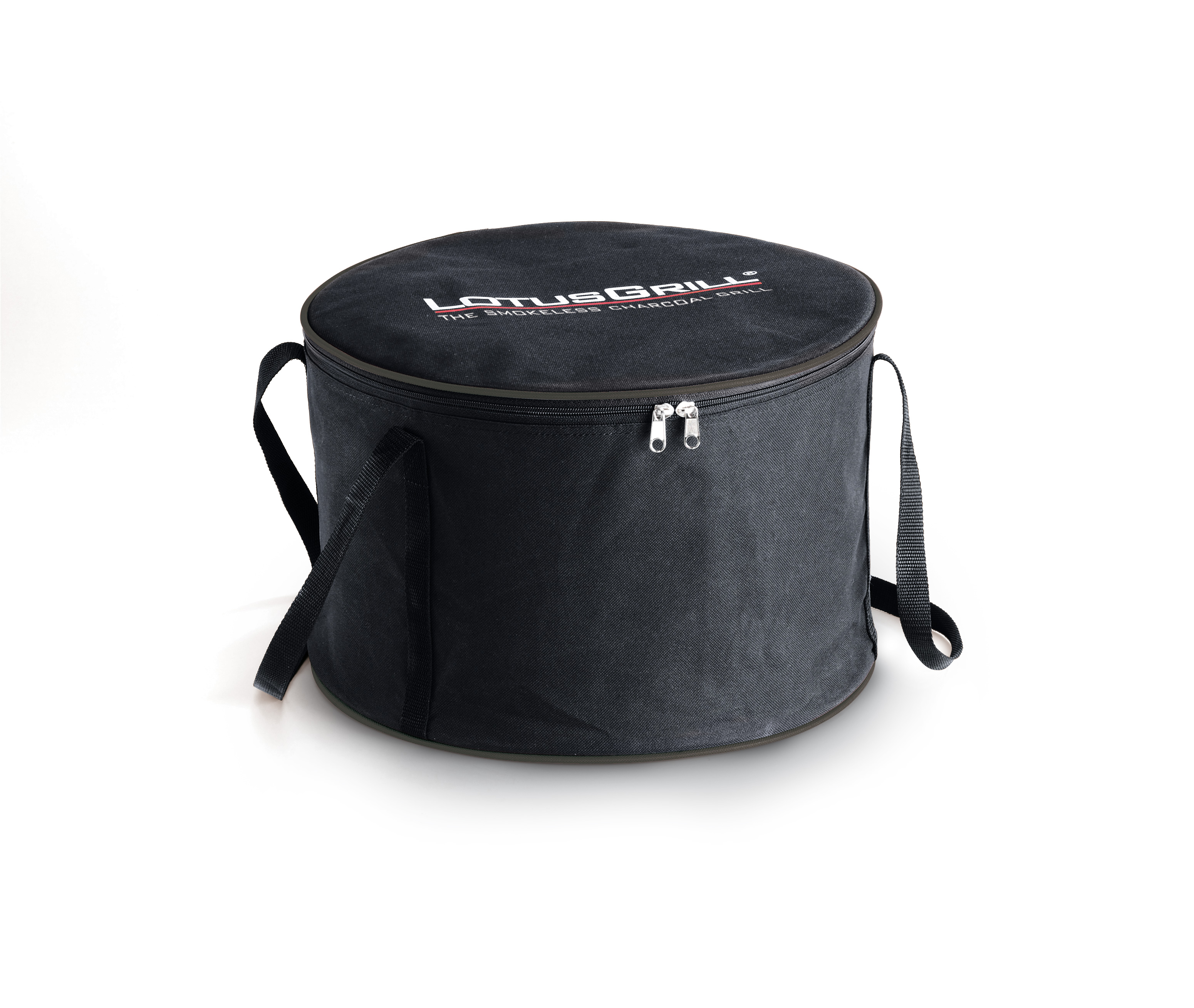 Schwarze runde Lotus Grill Tasche mit Griffen und Reißverschluss auf weißem Grund.