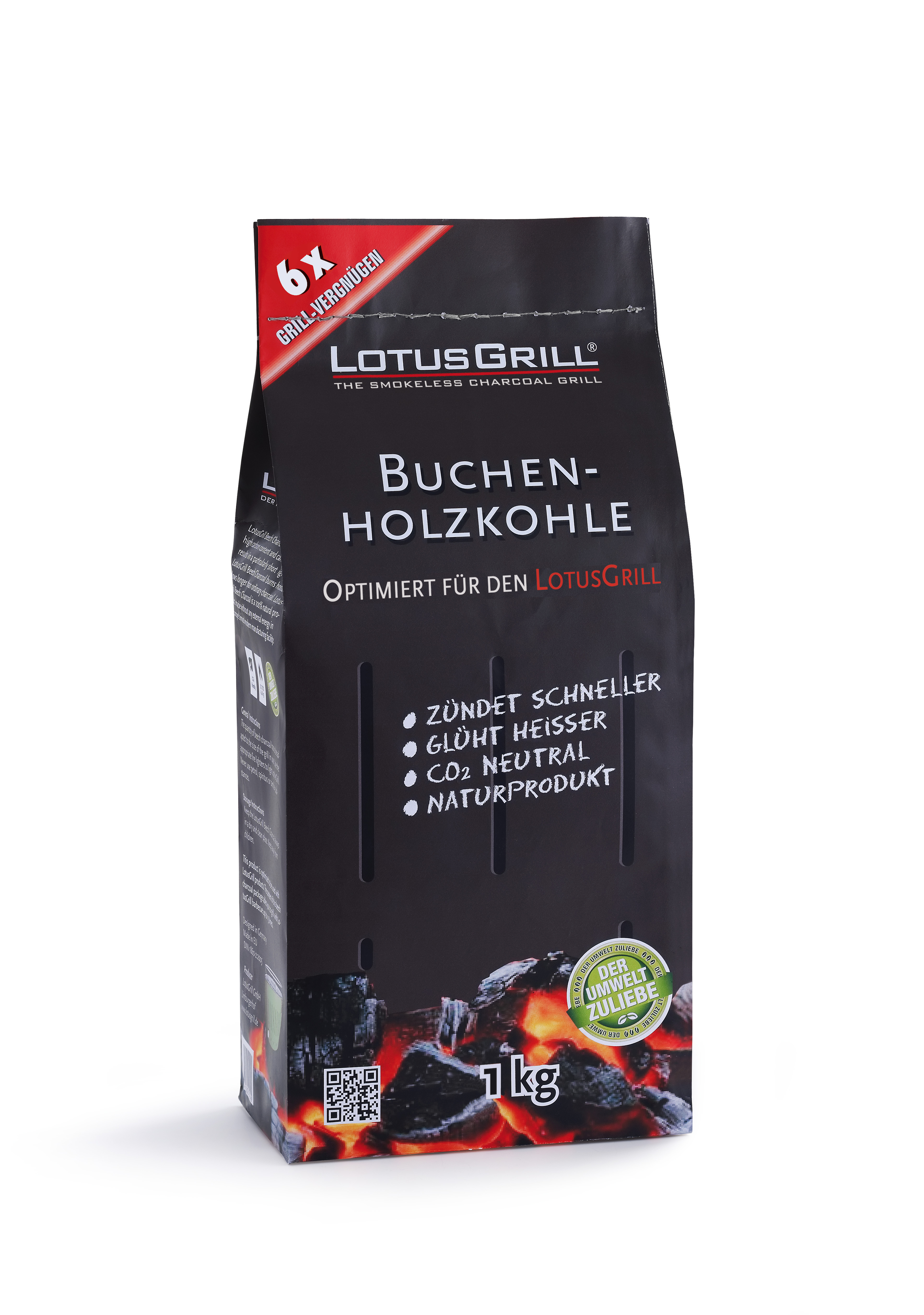 Schwarze Holzkohletüte für einen Lotus Grill. Text: Buchenholzkohle. Die Tüte steht auf weißem Grund.