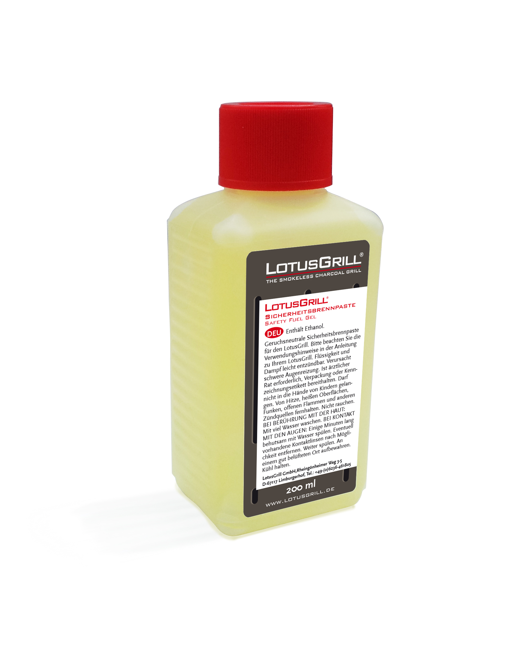 Eine Flasche LotusGrill Sicherheits-Reinigungspaste mit deutschem Text.