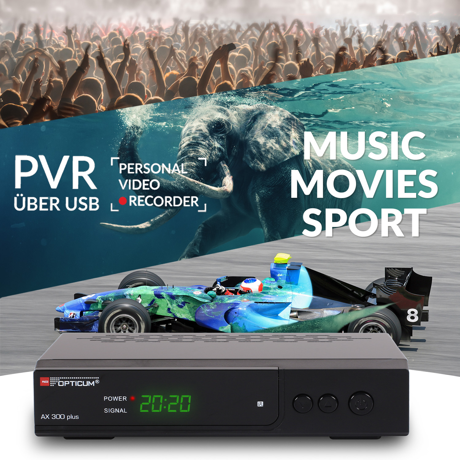 Digitaler Receiver mit Rennwagenbild auf dem Bildschirm. Text enthält "PVR" und "Movies". Hintergrundmenge.