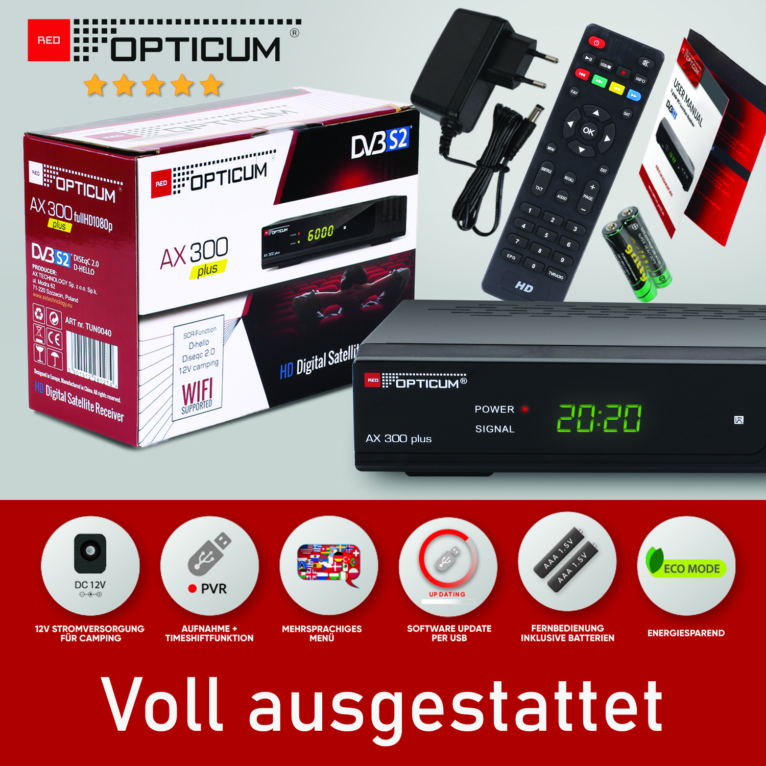 Box mit einem digitalen Satelliten-Receiver, einer Fernbedienung, einem Netzteil und einem Benutzerhandbuch, mit Symbolen.