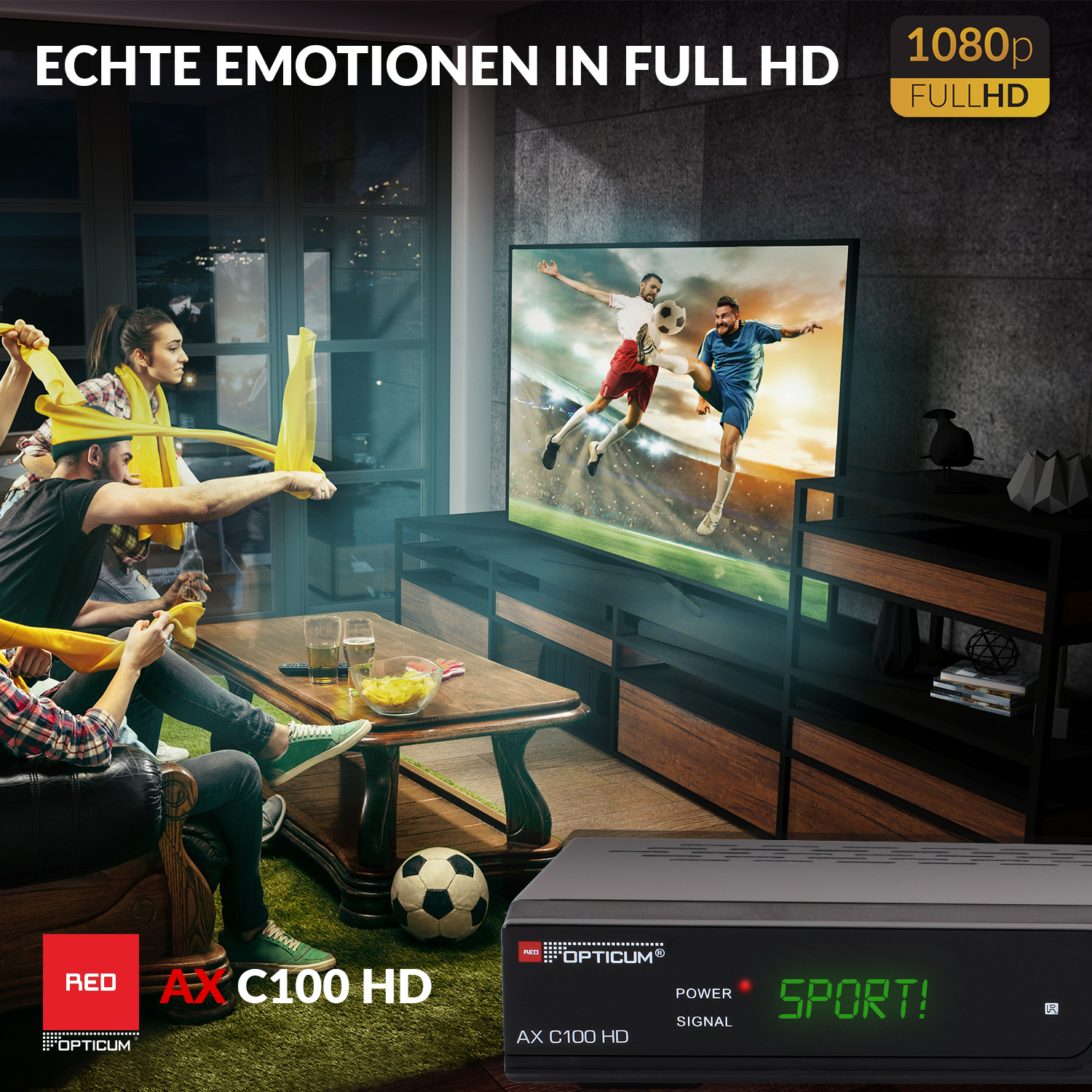 Ein Wohnzimmer mit einem Fernseher, der Fußball zeigt. Im Vordergrund befindet sich eine Set-Top-Box.
