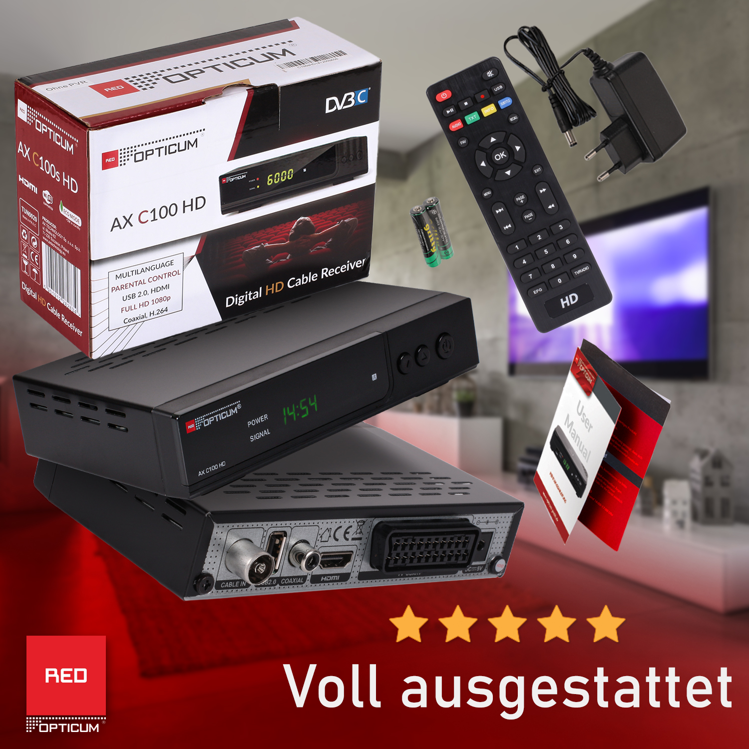 RED OPTICUM AX C100 HD- Digitaler -SCART mit I schwarz) (HDTV, DVB-C2, Kabel-Receiver PVR-Funktion, Kabelreceiver DVB-C DVB-C, HD PVR-Aufnahmefunktion EPG-HDMI-USB Receiver