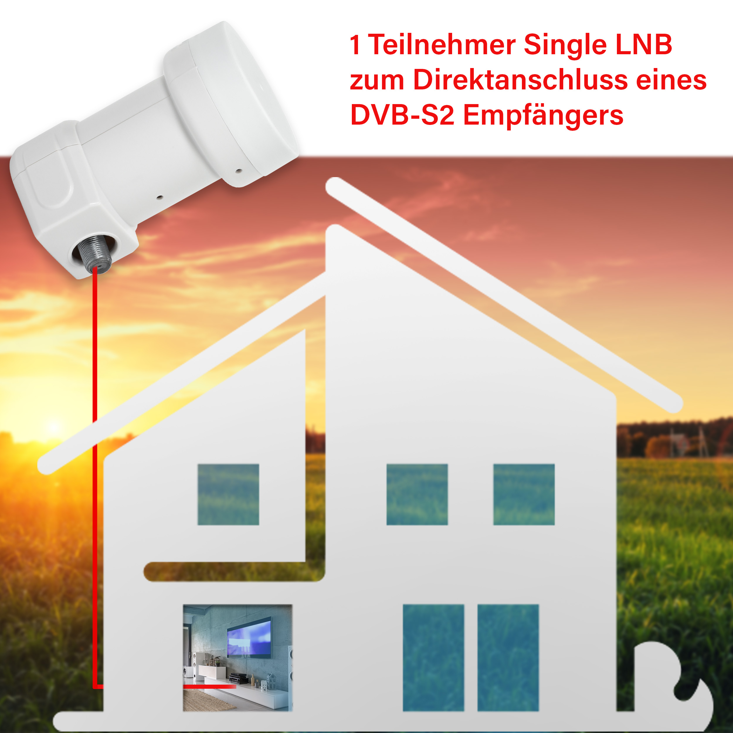 Ein Hausumriss mit Satellitenschüssel und LNB sowie eine Diagramm mit Innenansicht des Fernsehers.