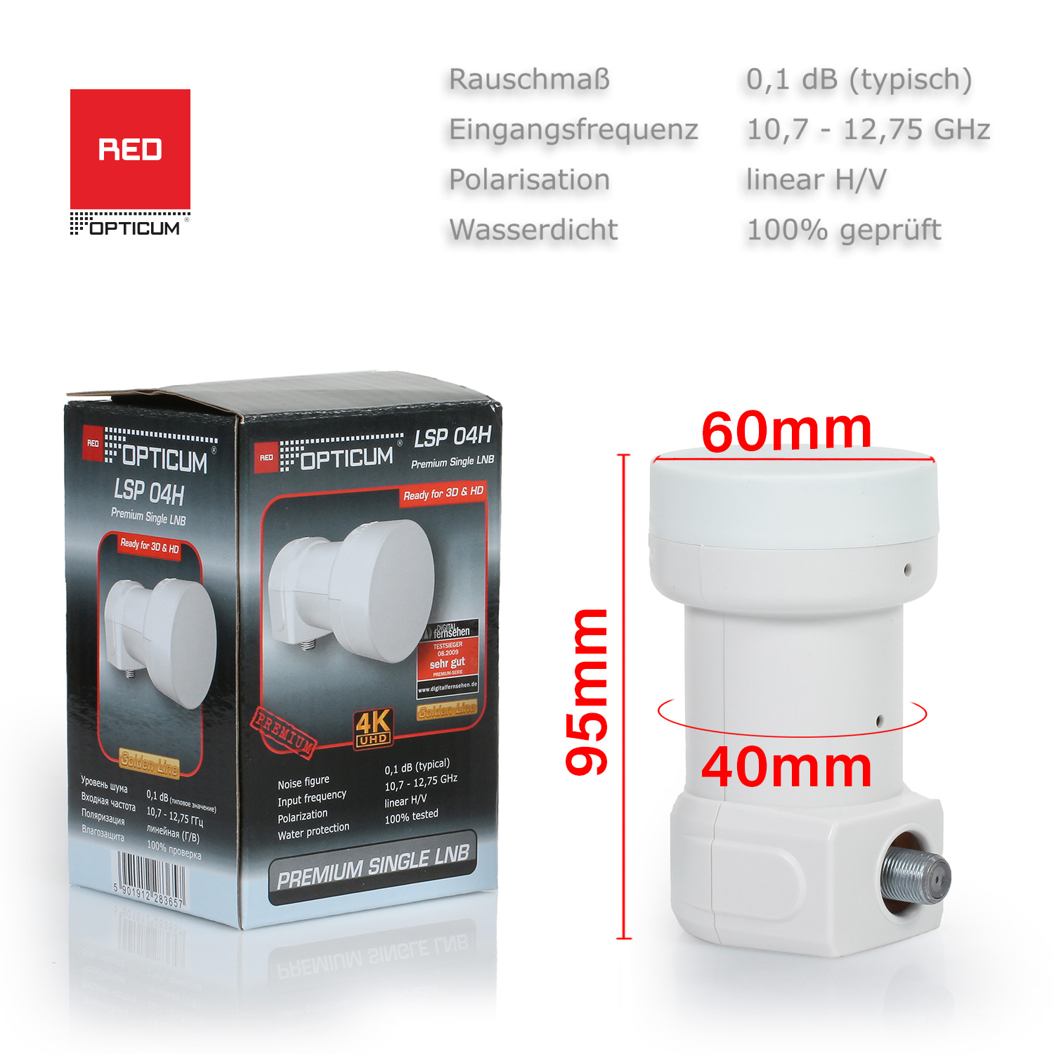 Weißer LNB-Satellitenempfänger mit Produktverpackung. Abmessungen sind 95 mm x 60 mm x 40 mm. Texte und Zahlen sind sichtbar.
