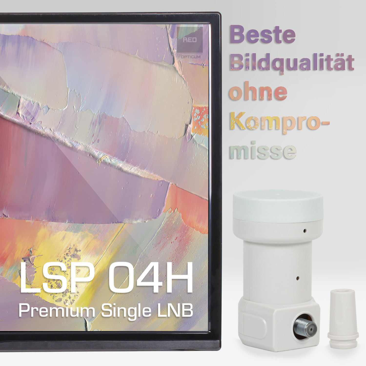 Ein Flachbildfernseher mit Satellitenempfänger und LNB.