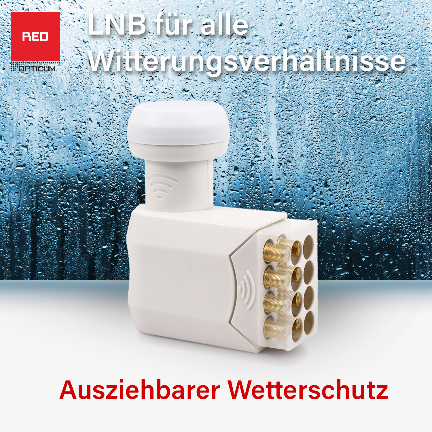 Weißer Satellitenempfänger mit Text, LNB für alle Witterungsverhältnisse.