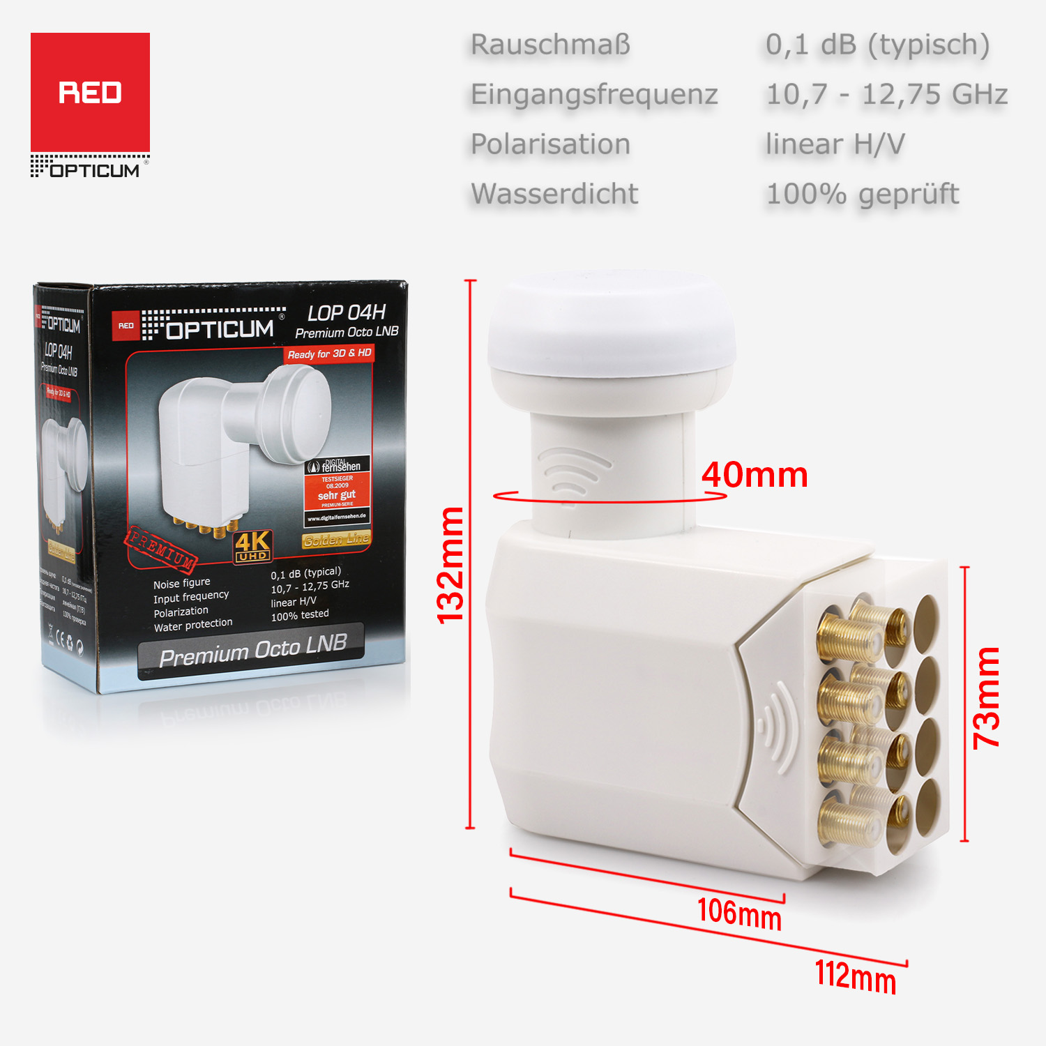 Weißes Satelliten-LNB mit Abmessungen. Text und Logo links.