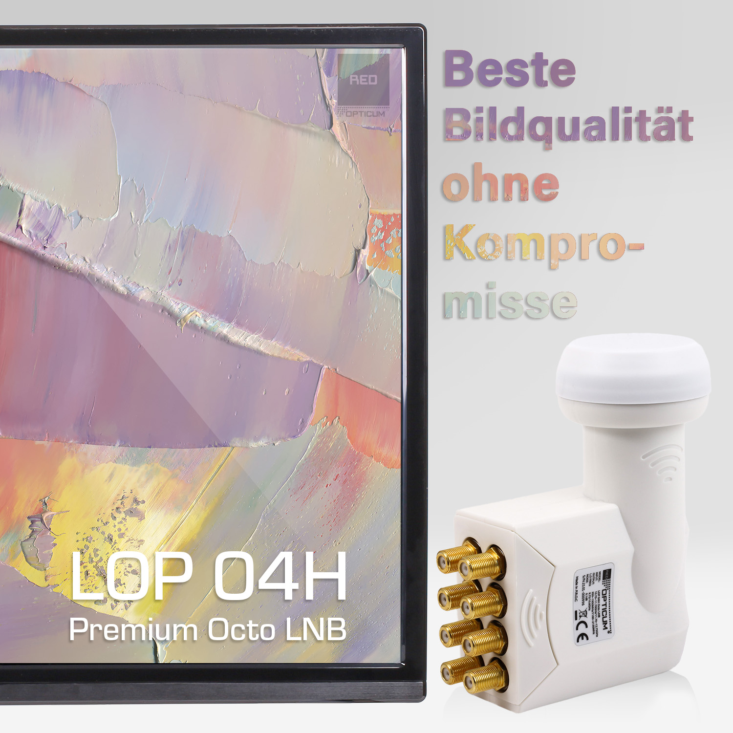 Ein Fernseher mit einem Satellitenreceiver. Text auf dem Bildschirm: 'Lop 04H' und 'Premium Octo LNB'.