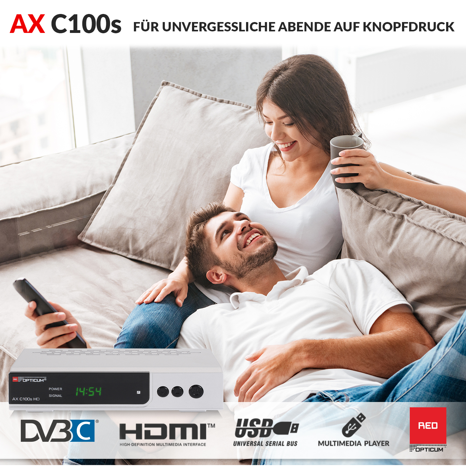 HD-EPG-HDMI-USB-SCART Receiver OPTICUM DVB-C, (HDTV, Kabelreceiver PVR-Funktion, DVB-C silber) RED PVR-Aufnahmefunktion Kabel-Receiver C100s I DVB-C2, mit HD AX Digitaler