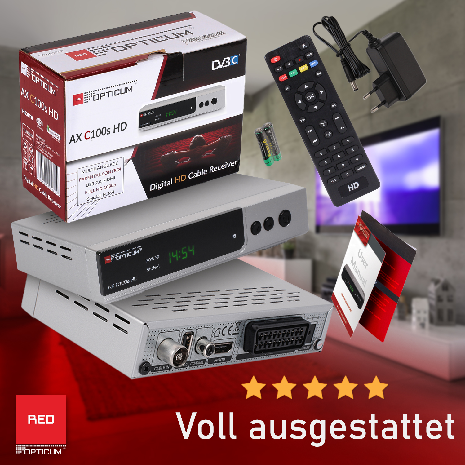 RED OPTICUM AX C100s HD Digitaler DVB-C (HDTV, DVB-C2, silber) DVB-C, Kabel-Receiver PVR-Funktion, Kabelreceiver Receiver I HD-EPG-HDMI-USB-SCART PVR-Aufnahmefunktion mit